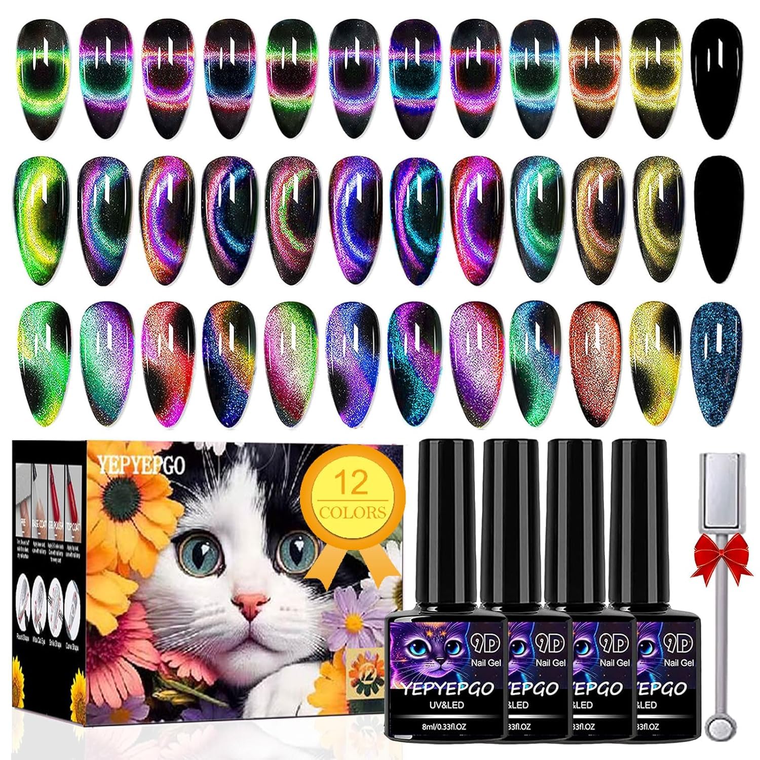 YEPYEPGO 9D Cat Eye Gel Nail Polish Set 12 Colors