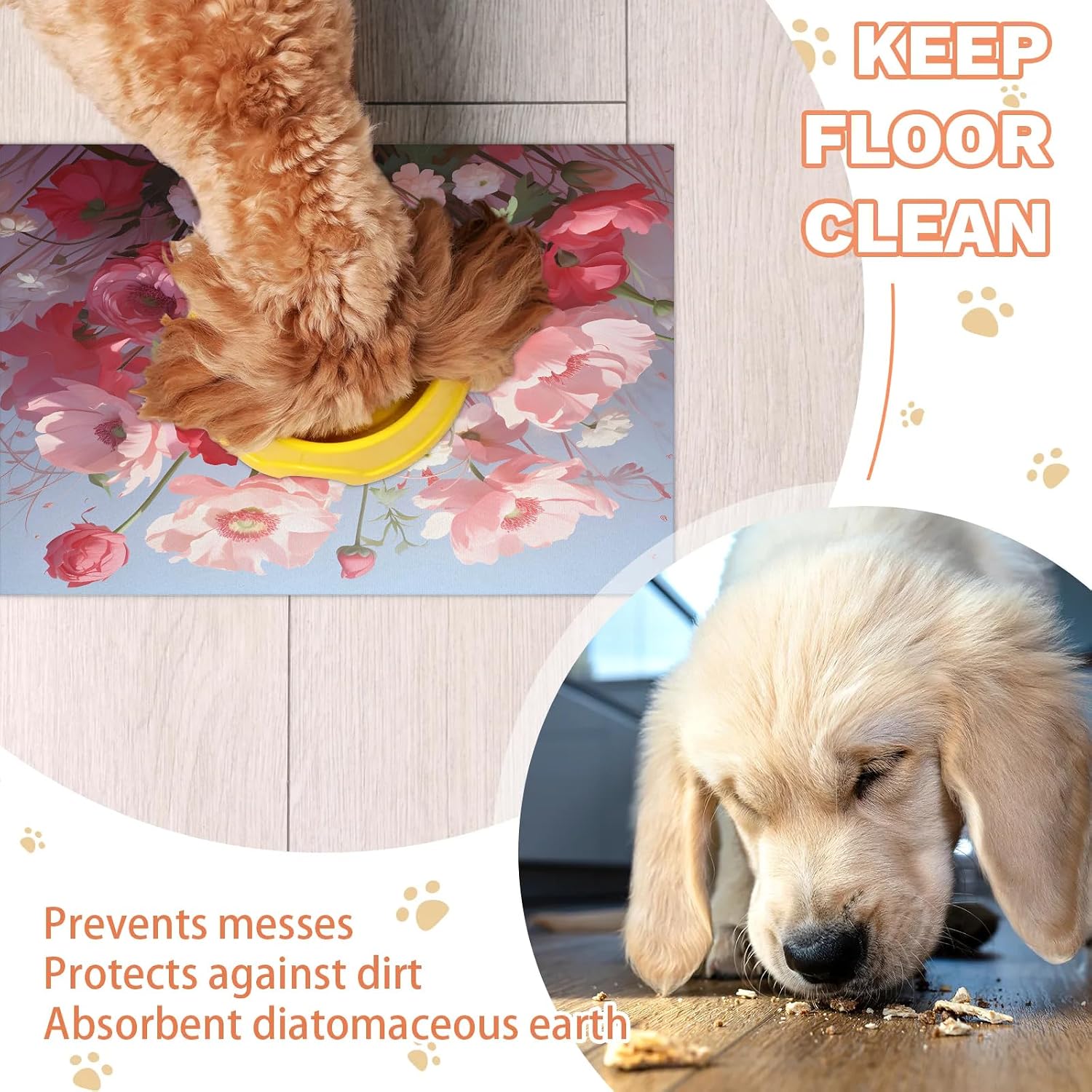 Hexteria Spring Flower Oil Painting Dog Cat Food Mat 24 x 32 in Absorbent Leakproof Pet Feeding Mat for Food and Water Bowl Non Slip No Stains Pet Placemat