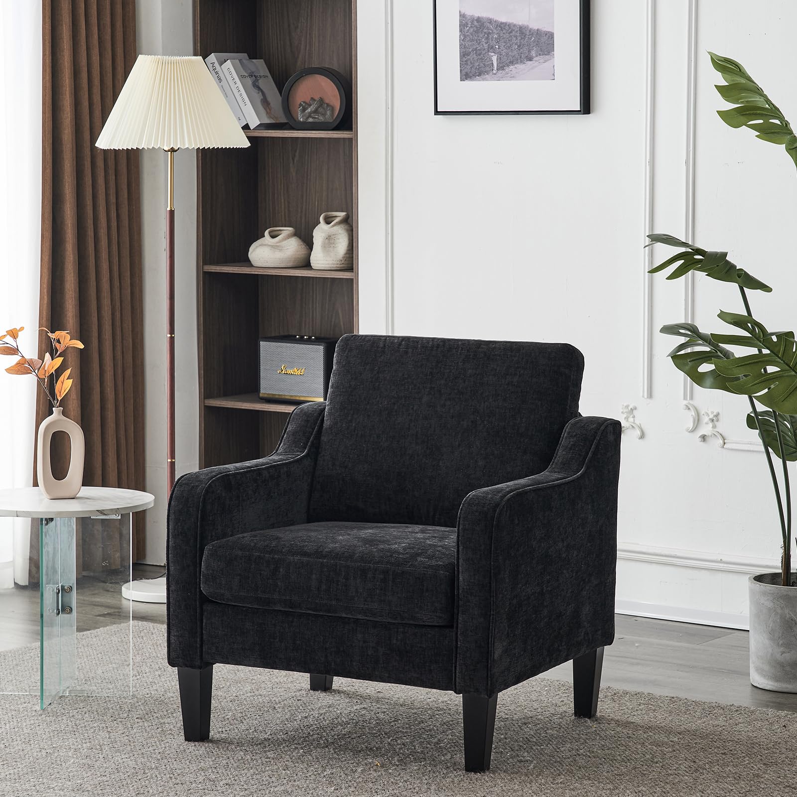 VINGLI Accent Chairs for Living Room Chairs Reading Chair Mid Century Modern Chair Soft Chenille Sofa Chair Upholstered Arm Chair Comfy Chair Side Chair (Black Chenille)