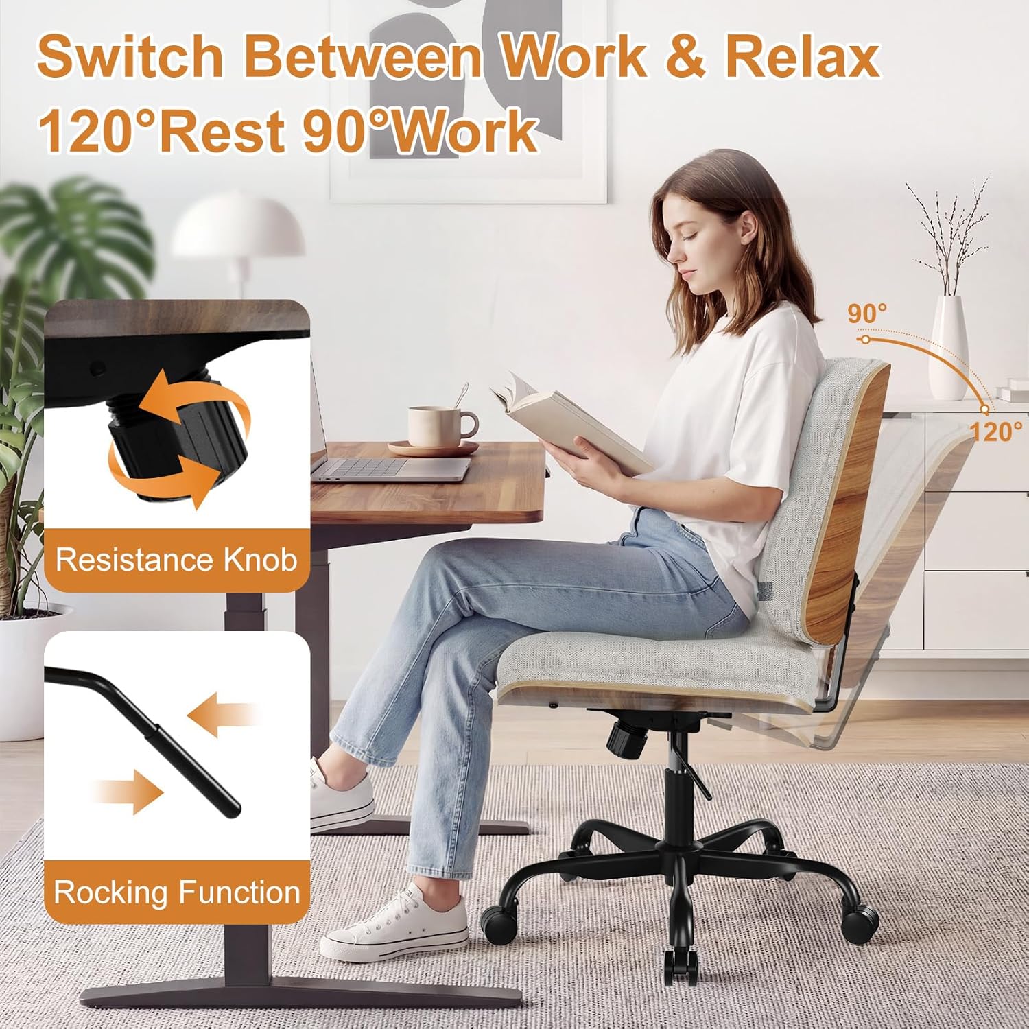 Armless Criss Cross Office Chair, Walnut Cross Legged Desk Chair with Wheels, Ergonomic Criss Cross Vanity Chair, Adjustable Wide Swivel Task Chair, Modern Office Chair for Home, Fabric Seat, Beige