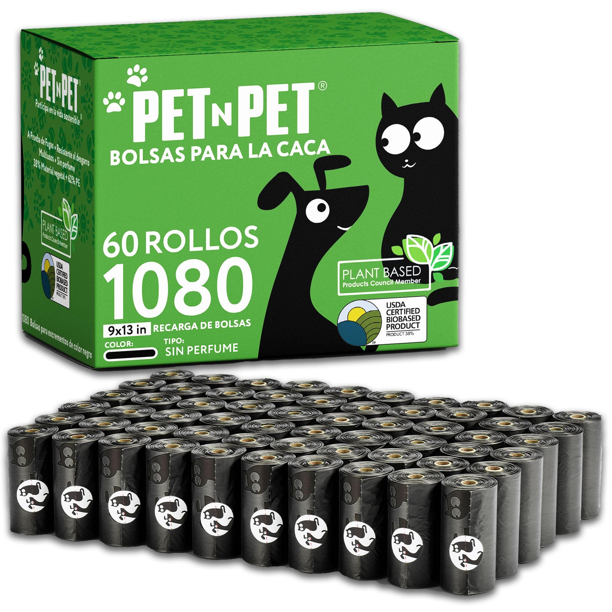 PET N PET Bolsa de caca para perros y bolsas de basura Bolsas de caca de base biológica con certificación del USDA al 38% para perros 1080 Unidades 60 Rollos 9x13 pulgadas, bolsas de caca sin perfume