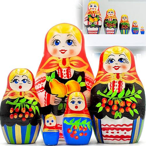 Juego de 5 muñecas rusas de anidación Muñeca rusa con vestido sarafan con adorno ruso y manzanas, peras y grosella roja Decoración de cocina de