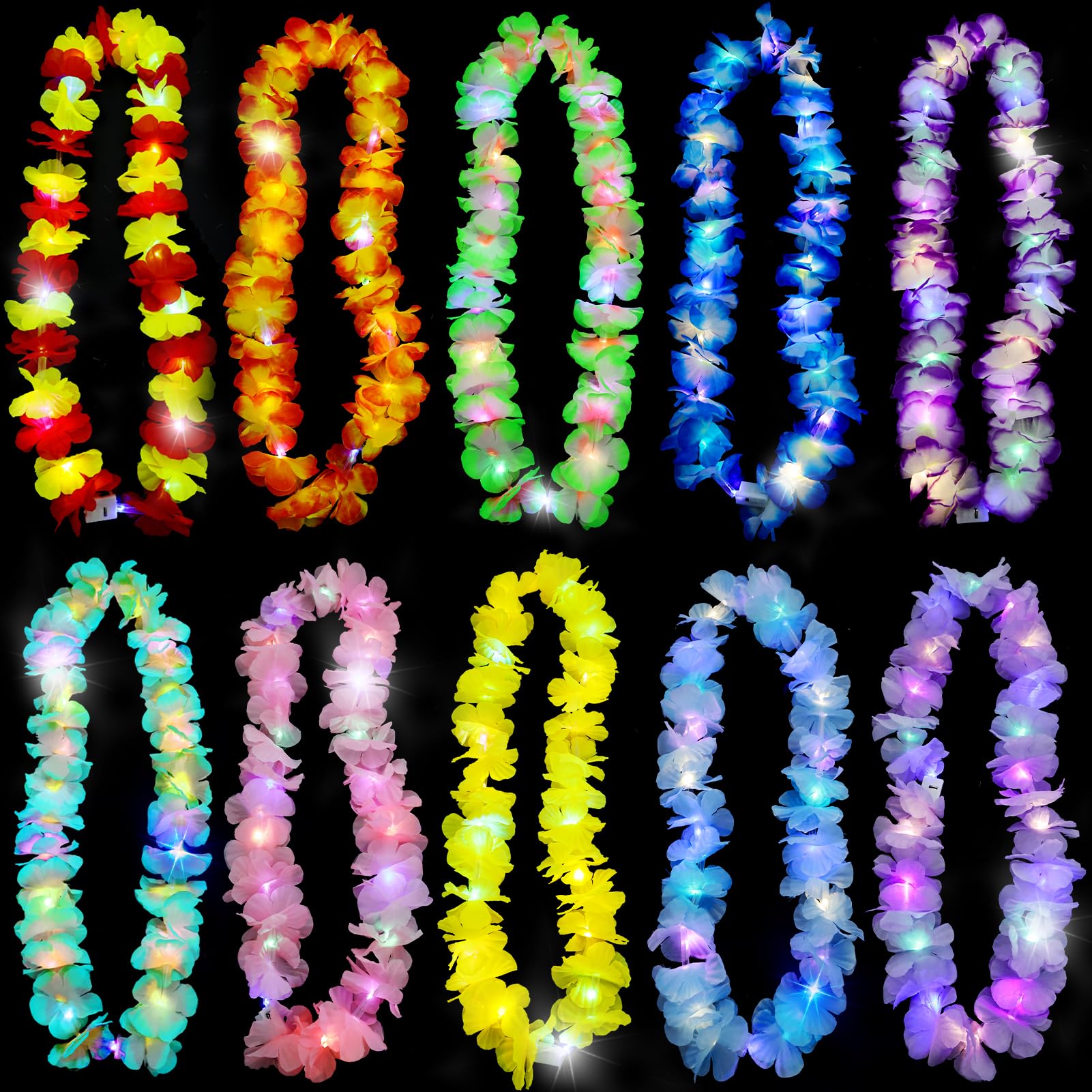 Joycabin Pack of 10 LED Hawaii Chains Flowers, Luminous Hawaiian Flower Chains, Hawaiian Decorative Garlands, Colourful Flower Chains Hawaii for Children Adults Tropical Birthday Party Beach Holidays