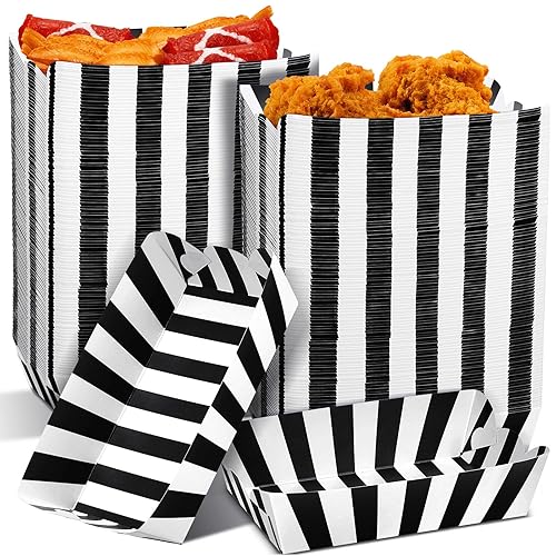 100 bandejas de papel a rayas para alimentos, botes de papel para alimentos, botes de papel para perros calientes, bandejas desechables para nachos,