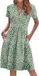 WNEEDU Robe d'été femme manches courtes Robes décontractées V Cou Robe de taille avec poches
