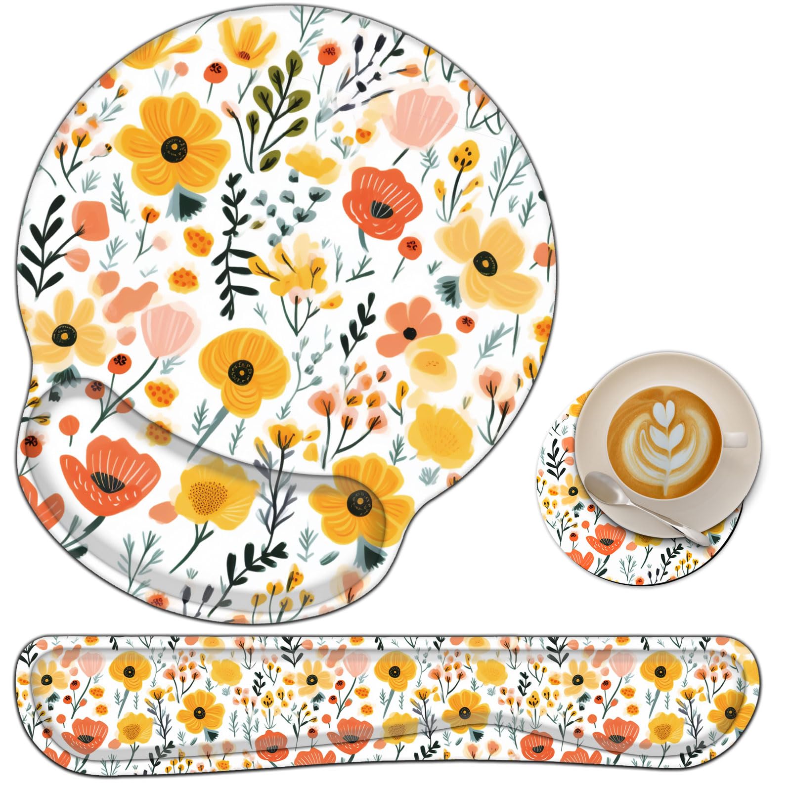 Keyboard Wrist Rest and Mouse Wrist Rest Pad with Coffee Coaster, Non Slip PU Base Wrist Support with Ergonomic Raised Memory Foam for Easy Typing &