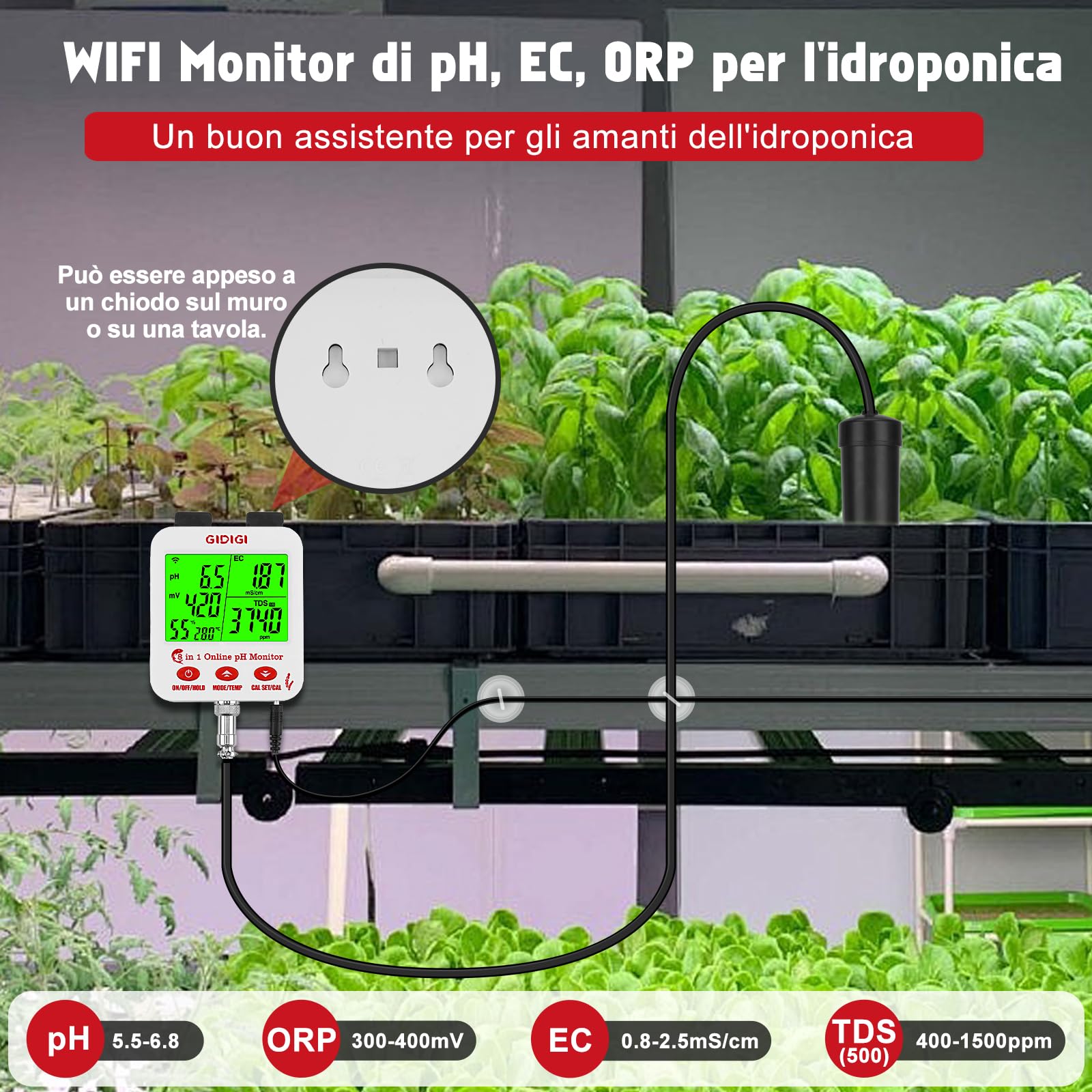 Monitor di pH ppm WiFi, tester intelligente della qualità dell'acqua 8 in 1, misuratore di pH EC idroponico, tester pH TDS EC sale ORP con kit di soluzioni calibrazione, tester salinità per acquari