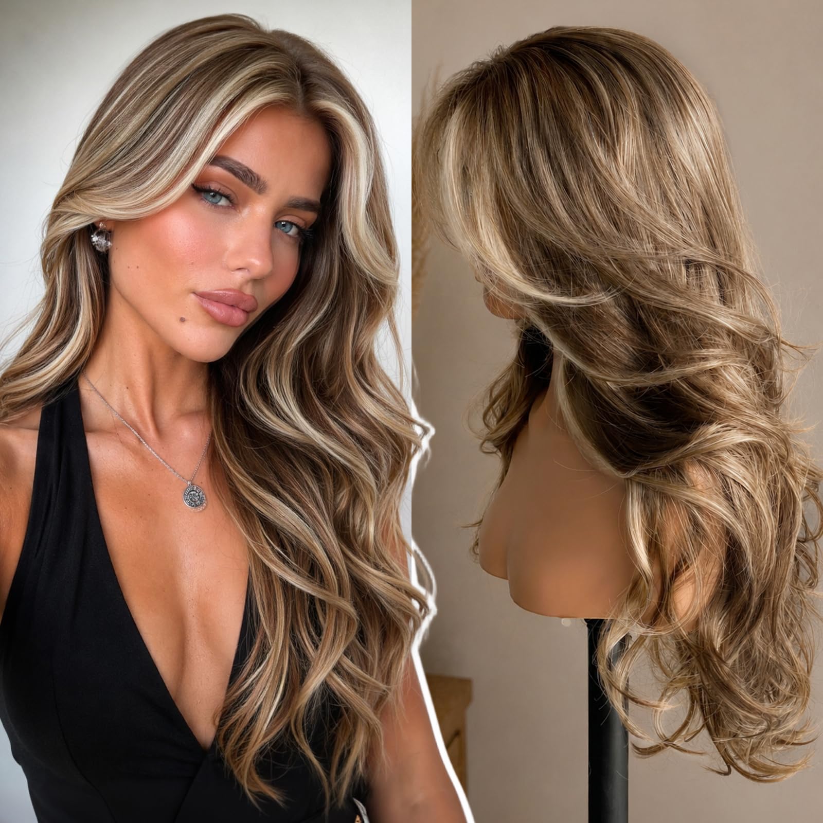 KOME Balayage Brown Layered 13x4 Synthetic Lace Front Wig for Women 26IN Ombre Brown Highlight #TT6/166