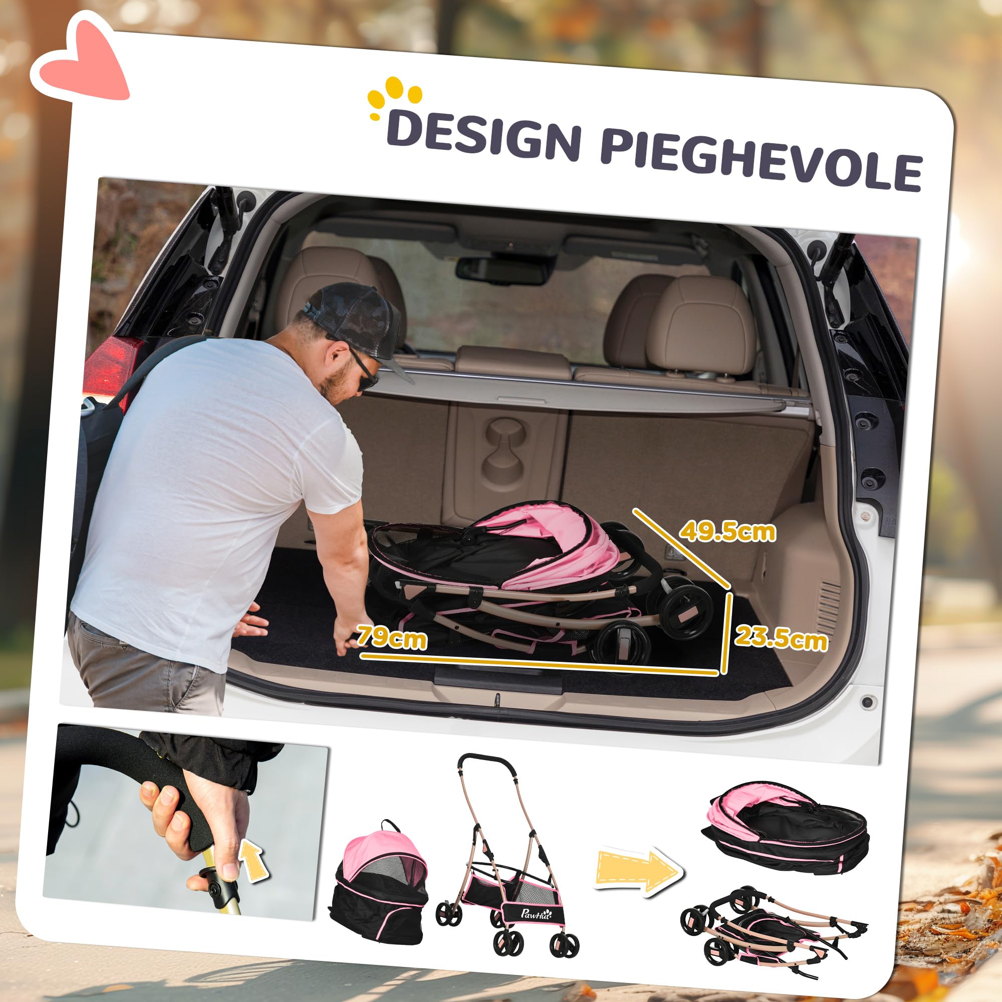 PawHut Passeggino per Cani 3 in 1 Pieghevole Convertibile in Borsa da Trasporto, Seggiolino Auto con 2 Guinzagli, Cuscino, Passeggino per Animali in Acciaio, Tessuto Oxford, 82x49.5x98cm, Rosa
