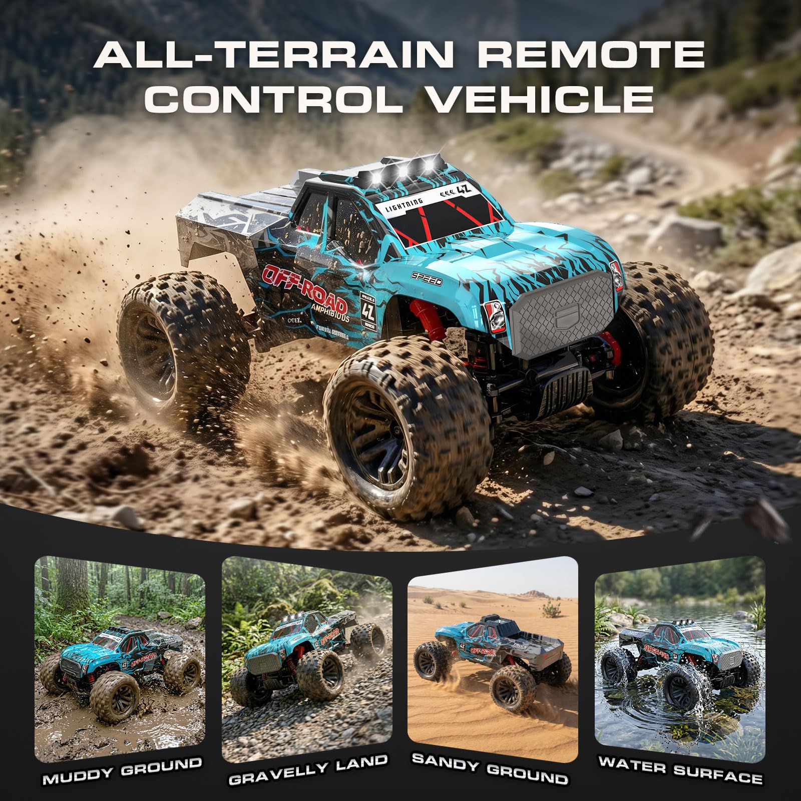 YESHIN Amphibienfahrzeug Ferngesteuertes Auto 1:14, 4WD RC Auto Geländewagen mit Licht & 2 Akkus, 2,4GHz Monstertruck Geschenk für Kinder Erwachsene Spielzeugauto für Sand, Wasser & Gelände