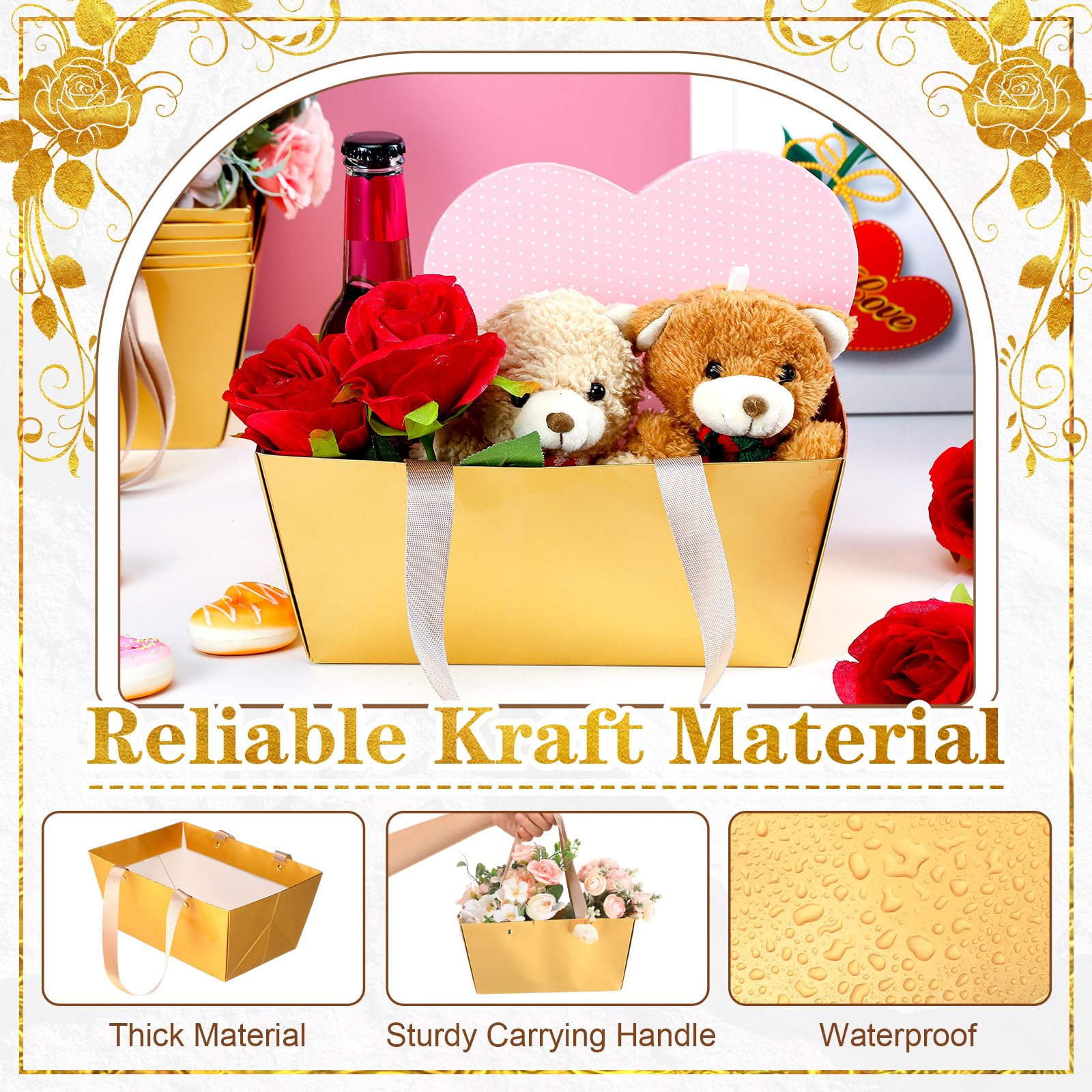 Glenmal 72 cesti regalo con manici, in carta kraft, vuoti, 24 x 16,5 x 10,9 cm, per confezioni regalo, matrimoni, feste, Natale, San Valentino (oro)
