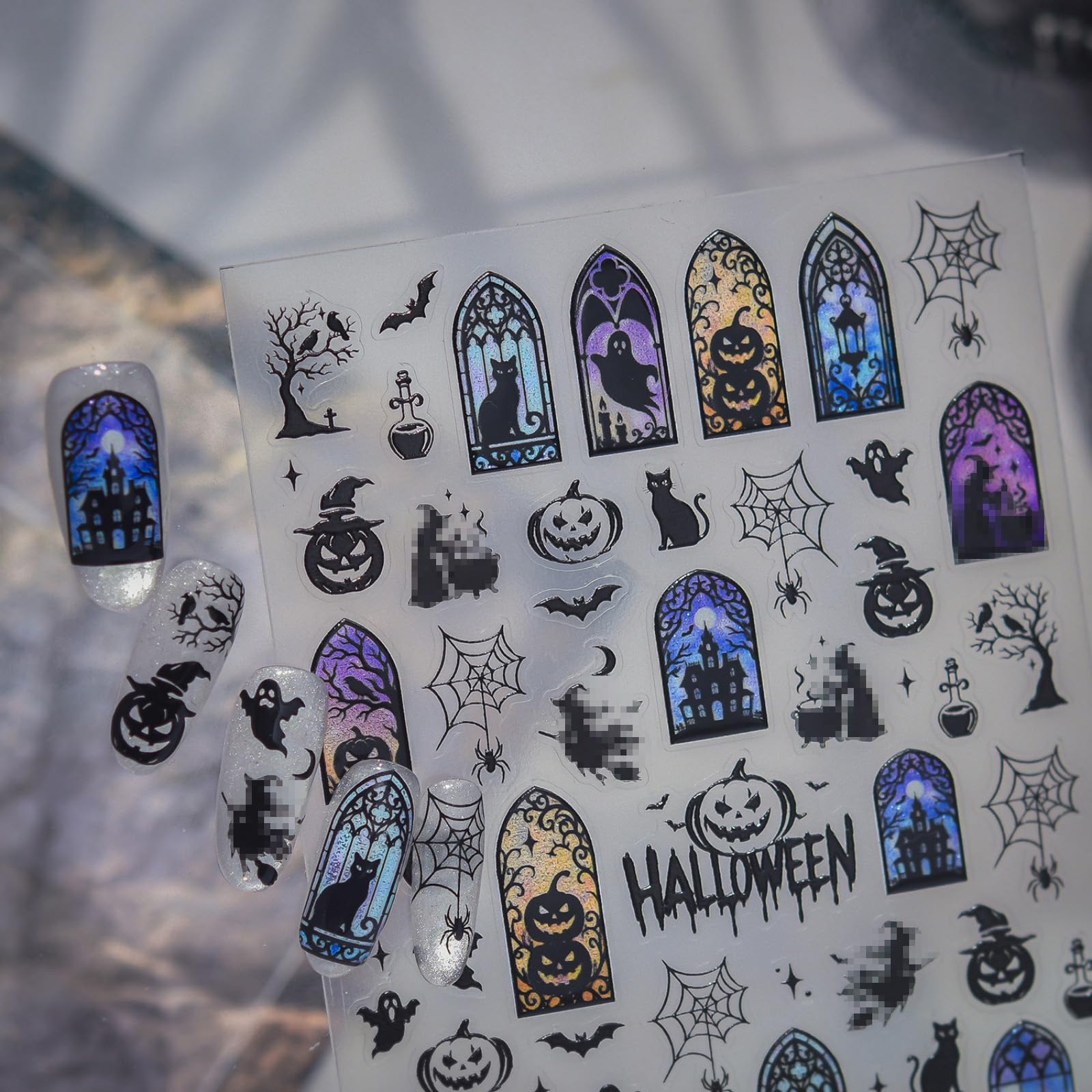 Halloween Nail Stickers Black Cat Castle Nail Art Decal Frame Decorations