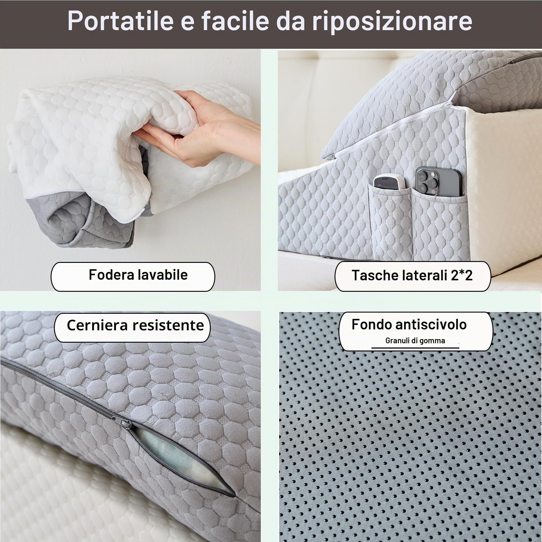 Cuscino ortopedico a cuneo con cuscino a mezzaluna rimovibile, supporto per dormire, seduti, reflusso acido e recupero post-operatorio, cuscino regolabile per collo, schiena e gomiti, bianco e grigio