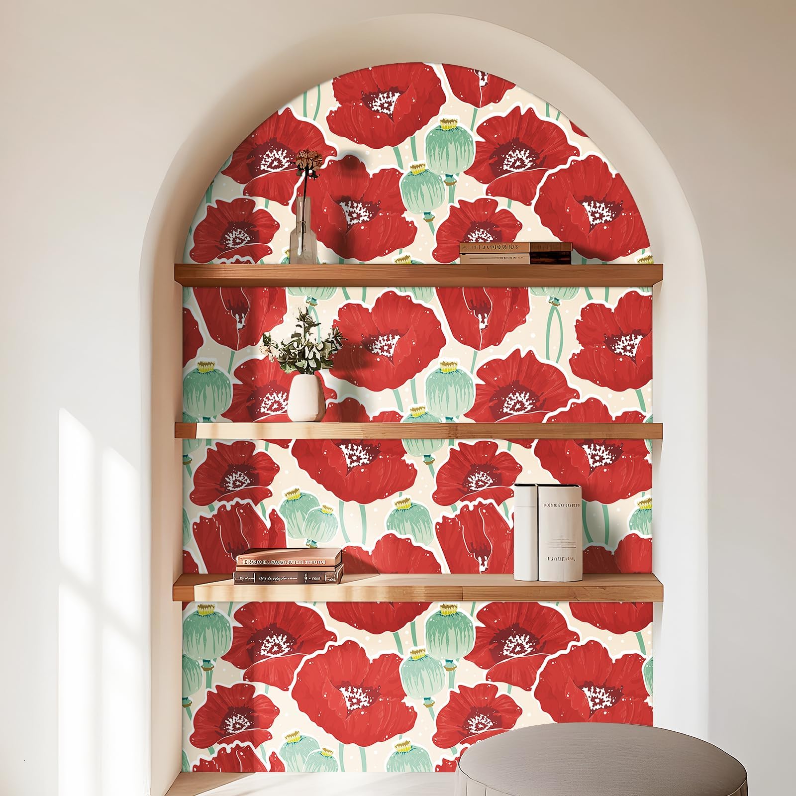Stickyart Carta da Parati Fiori Rossi Impermeabile 44.5cmX200cm Adesivi Murali Papaveri Rossi Decorazioni Parete Soggiorno Carta Adesiva per Mobili Armadio Retro Pellicola Adesiva per Mobili Floreale