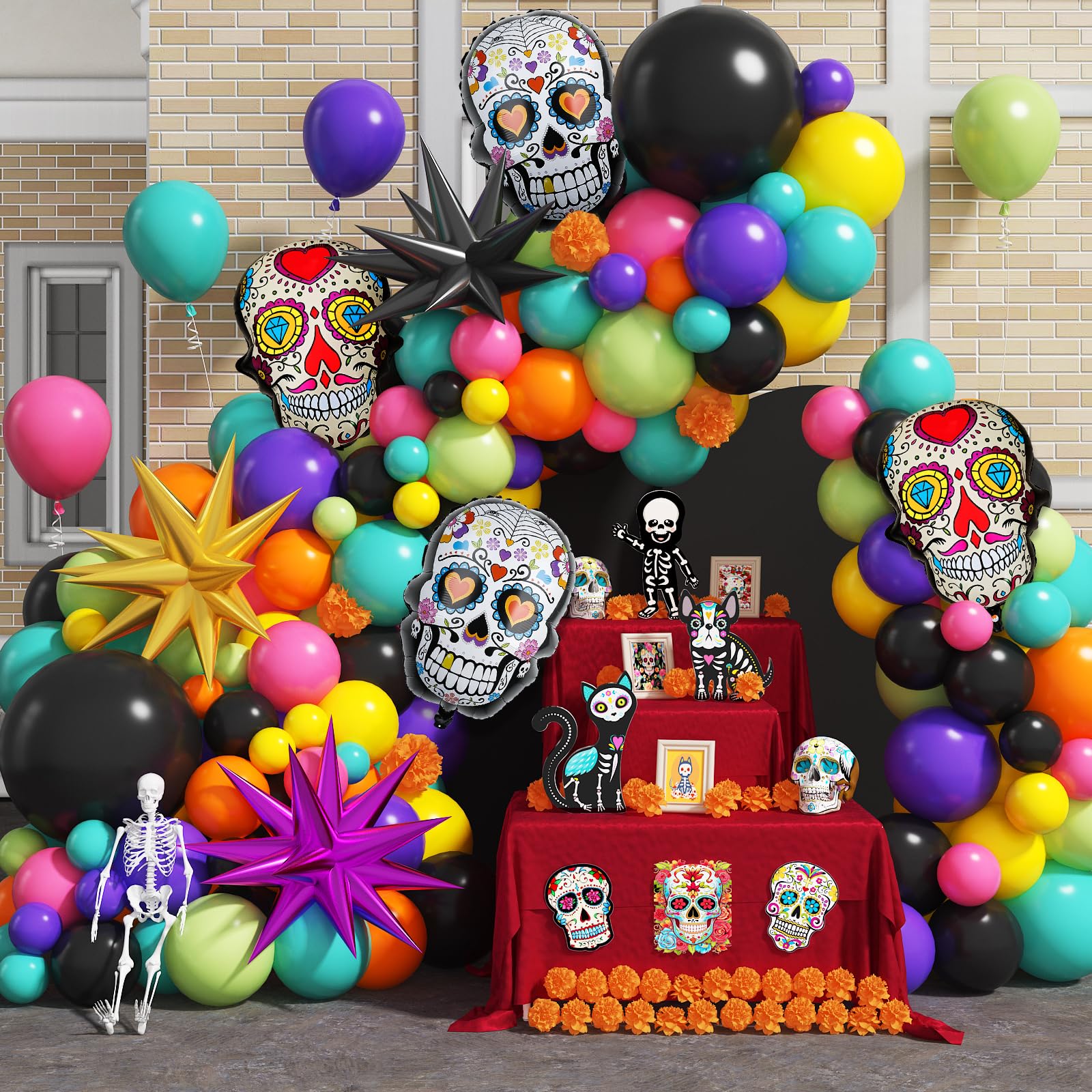 Jobkoo135 Pcs Day of the Dead Balloon Arch Kit Dia De Los Muertos Decorations Colorful Balloons Garland Sugar Skull Explosion Star Foil Balloon for Halloween Mexican Fiesta Festival Party Supplies