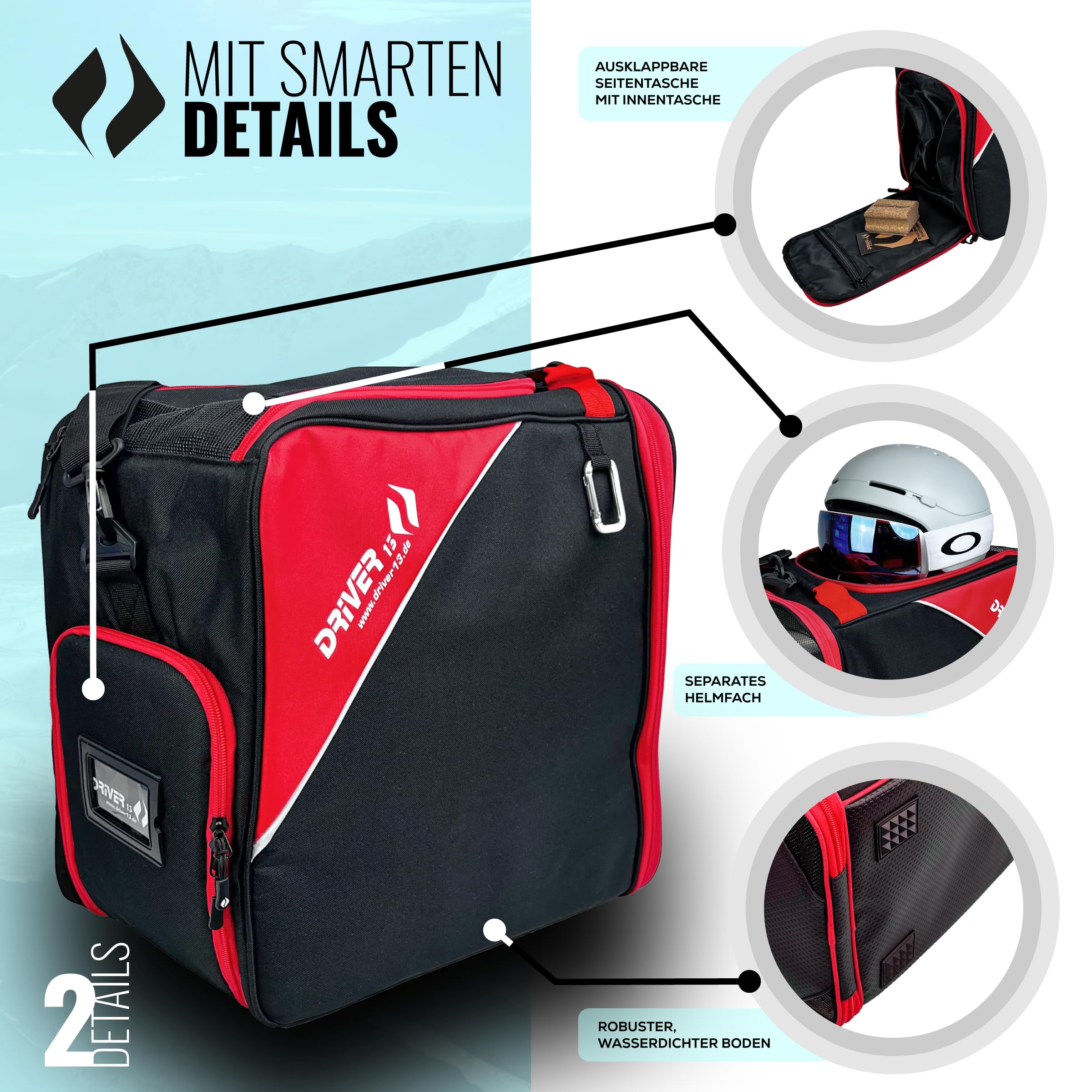 Driver13 ® Bolsa para Botas de esquí Bolsa para Botas de esquí con Compartimento para Casco para Botas Blandas duras inliner y Bolsa para Botas Negro-Rojo