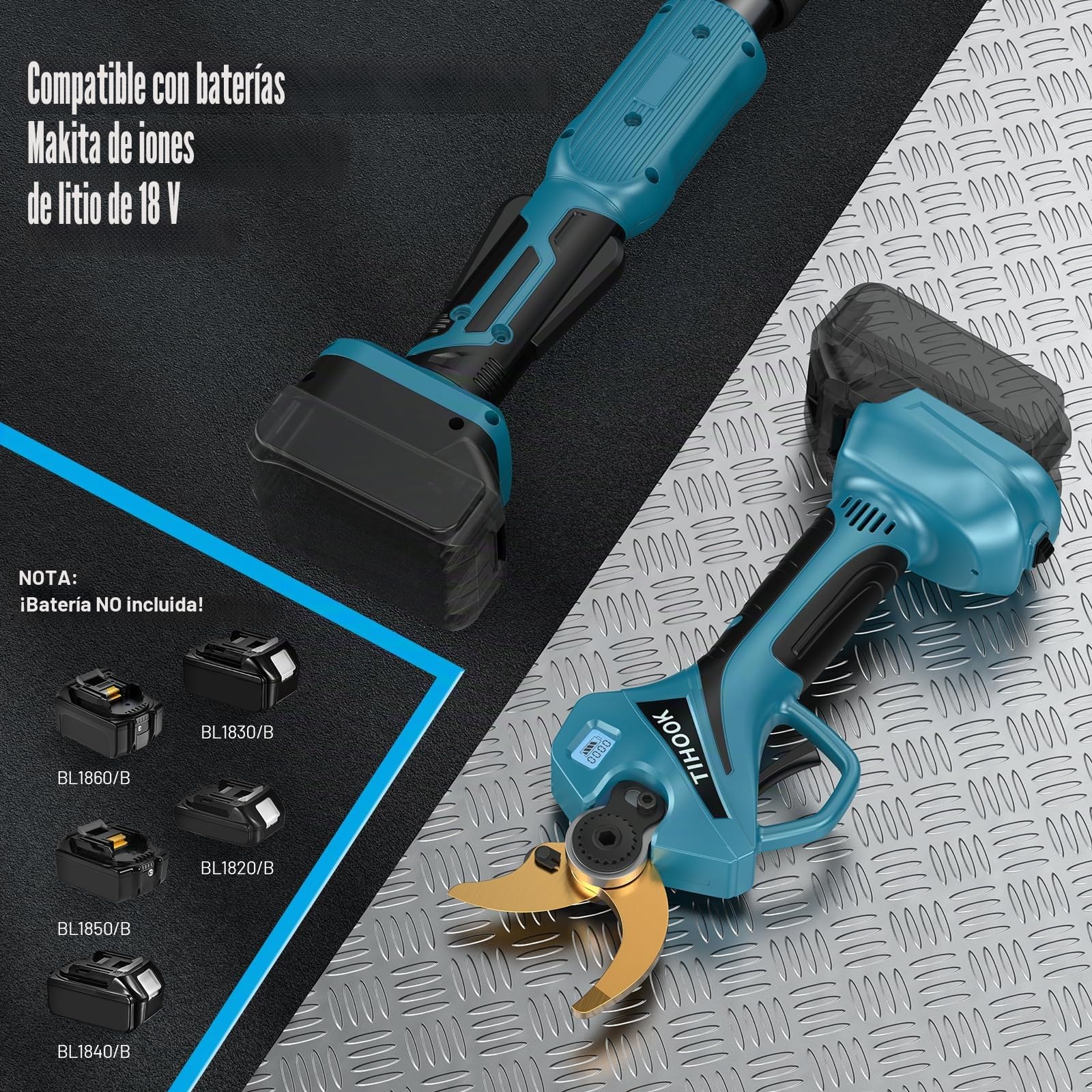 Tijeras de podar eléctricas 2 en 1 con Motor sin escobillas de 40 mm y pértiga de 2,5 m, Apertura máxima de 60 mm, para Makita BL-18V, Pantalla LCD, para podar árboles (sin batería)