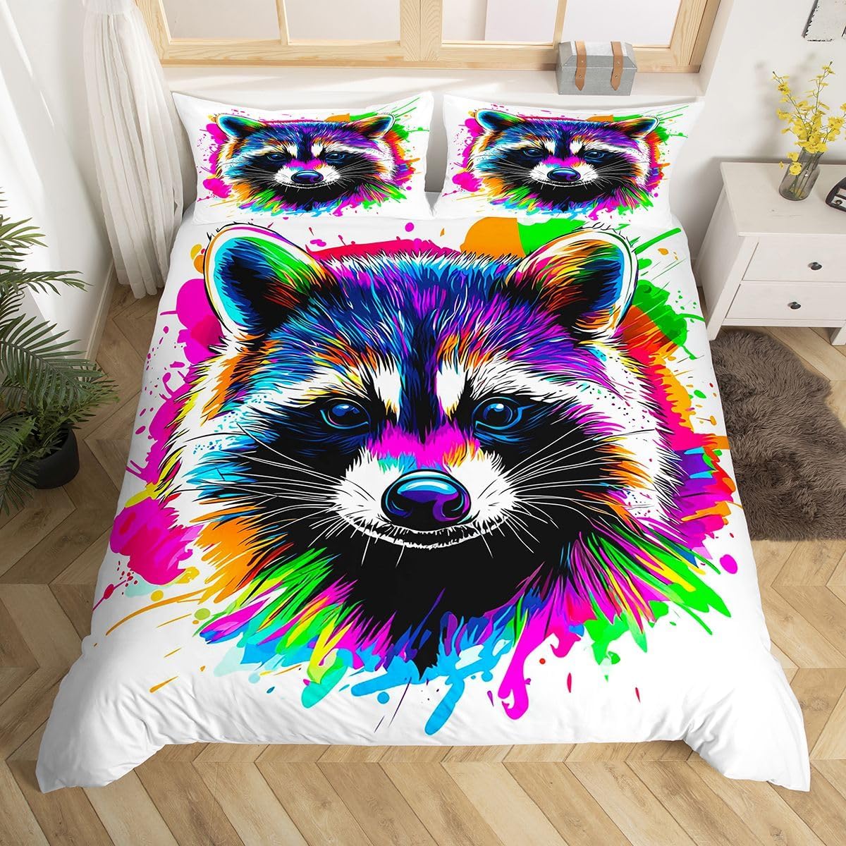Erosebridal Tie Dyed Raccoon Comforter Cover Twin Size,Splash Graffiti Bedding Sets Kids Teens Rainbow Colored Animal Duvet Cover Cute Raccoon on White Background Bedspread Cover with 1 Pillow Sham