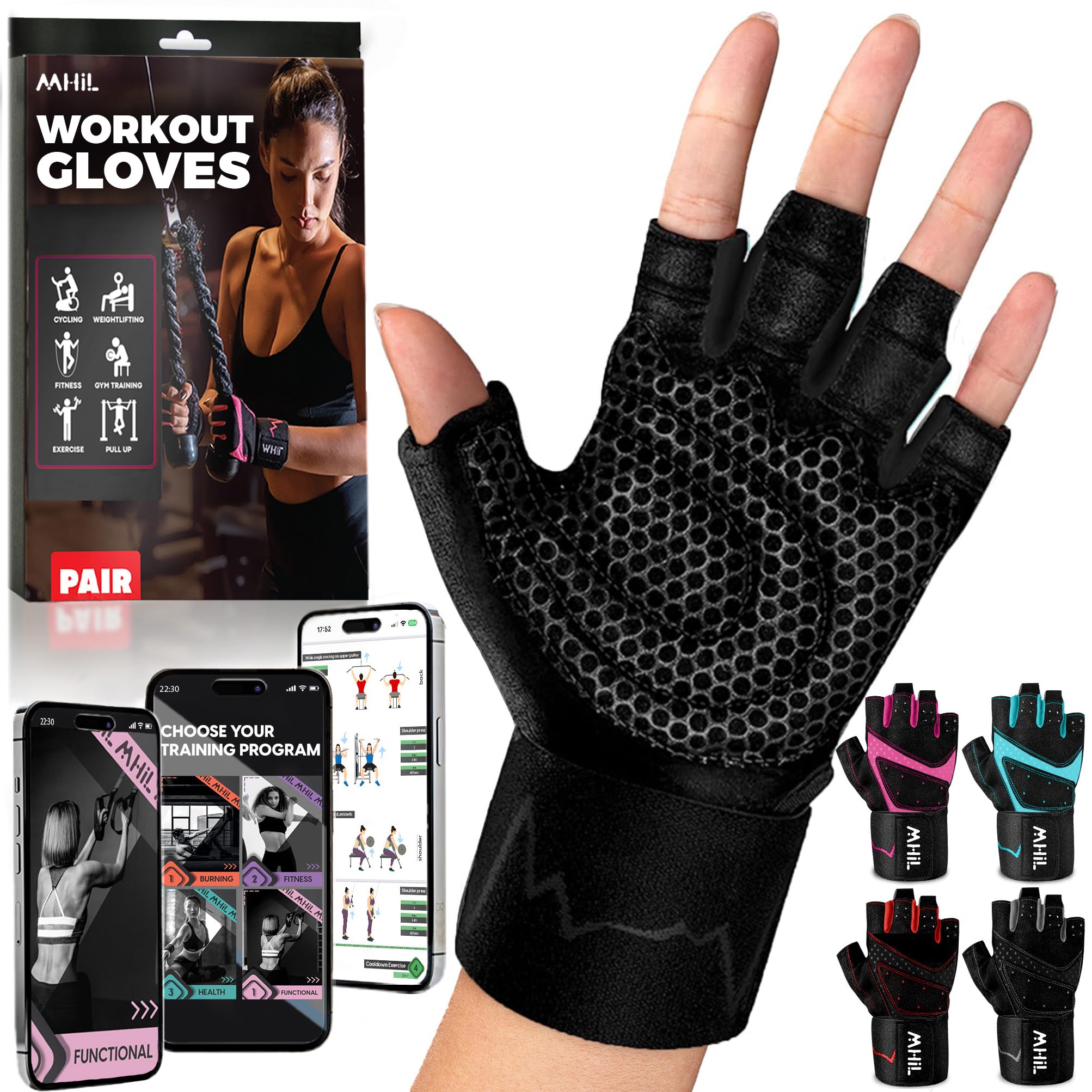 MhIL Workout Gloves for Women – Breathable Gym Gloves for Women with Palm Protection and Enhanced Grip – Padded Weight Lifting Glove for Womens with Wrist Wraps Support Weightlifting Exercise Cycling