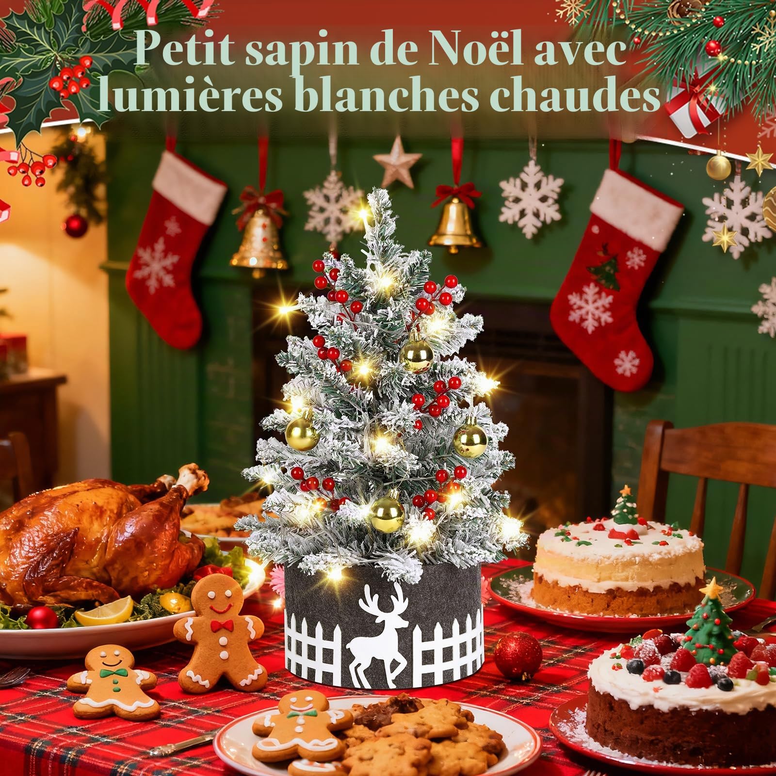 Sapin de Noël Neige Artificiel 60cm avec Lumières LED, Sapin Enneigé Flocké Blanc avec Décorations (Boules, Baies, Jupe), Petit Sapin de Noël pour Table et Bureau, Décoration d'Intérieur Maison Cadeau
