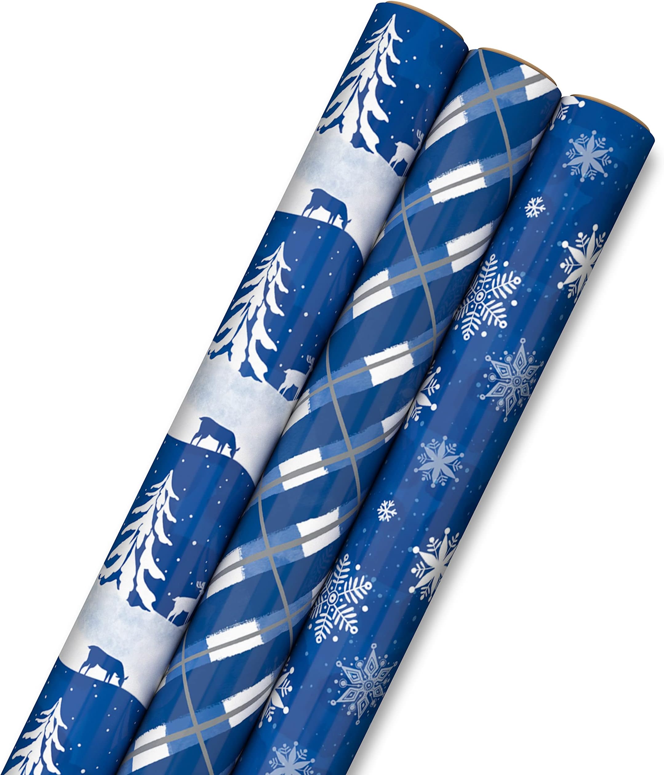 Hallmark Winter Wrapping Paper with Cutlines on Reverse (3 Rolls: 120 Sq. Ft. Total) Deer and Trees, Blue and White Plaid, Snowflakes for Weddings, Birthdays, Baby Showers