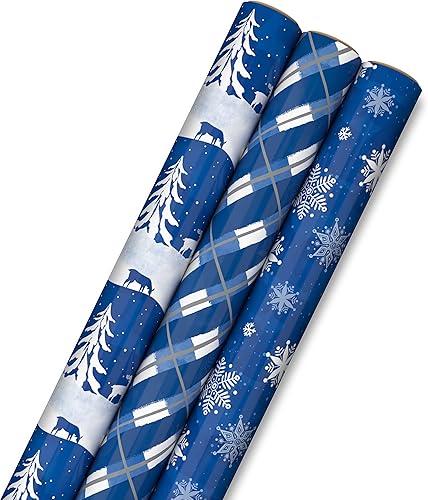 Miniatura 1 de Hallmark Papel de regalo de invierno con líneas de corte en el reverso (3 rollos 120 pies cuadrados en total) ciervos y árboles, cuadros azules y