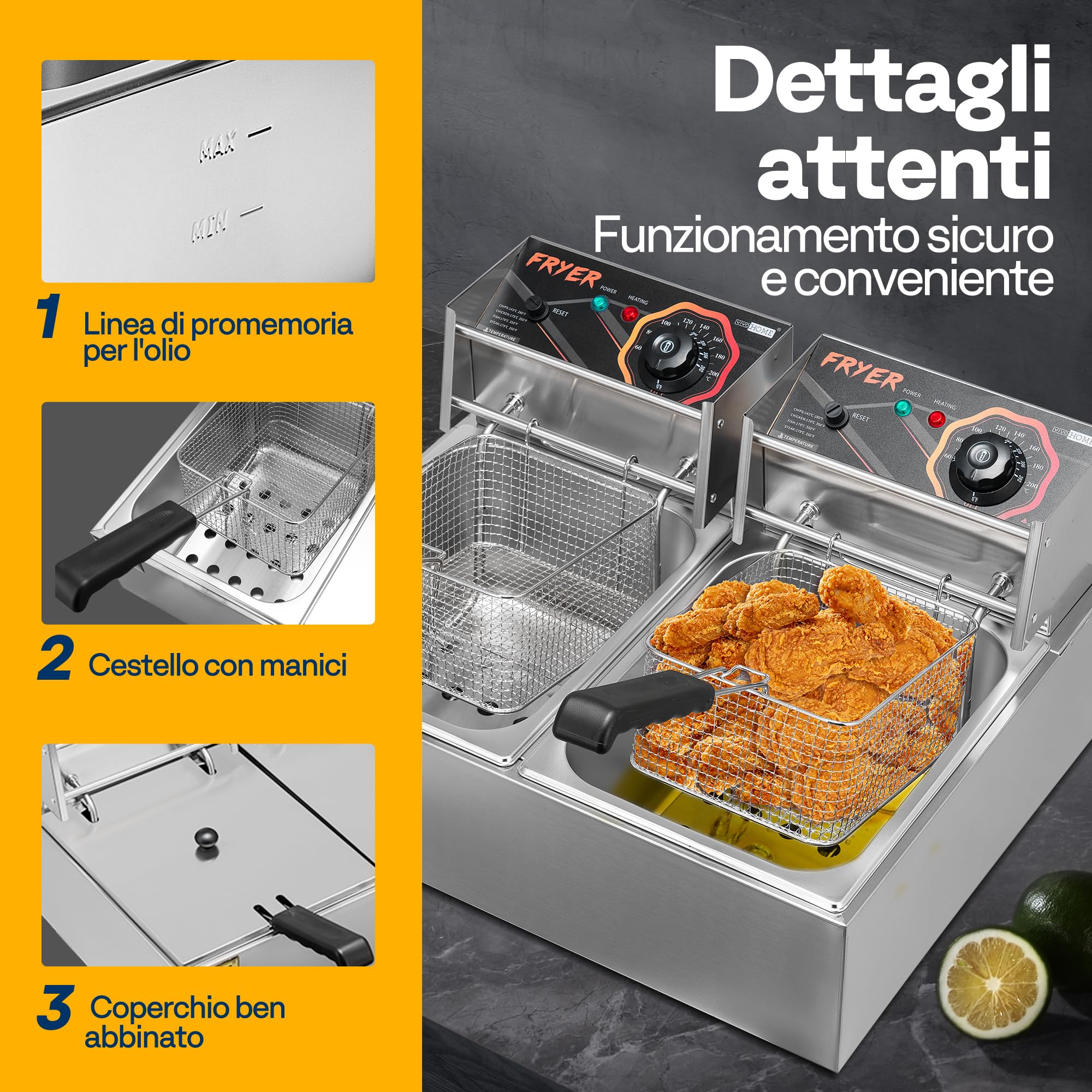 VIVOHOME 20L Friggitrice Elettrica da 5000W Friggitrice Professionale a Due Vasche Palline di Lanugine per Lavatrice e Asciugatrice per Uso Commerciale e Domestico