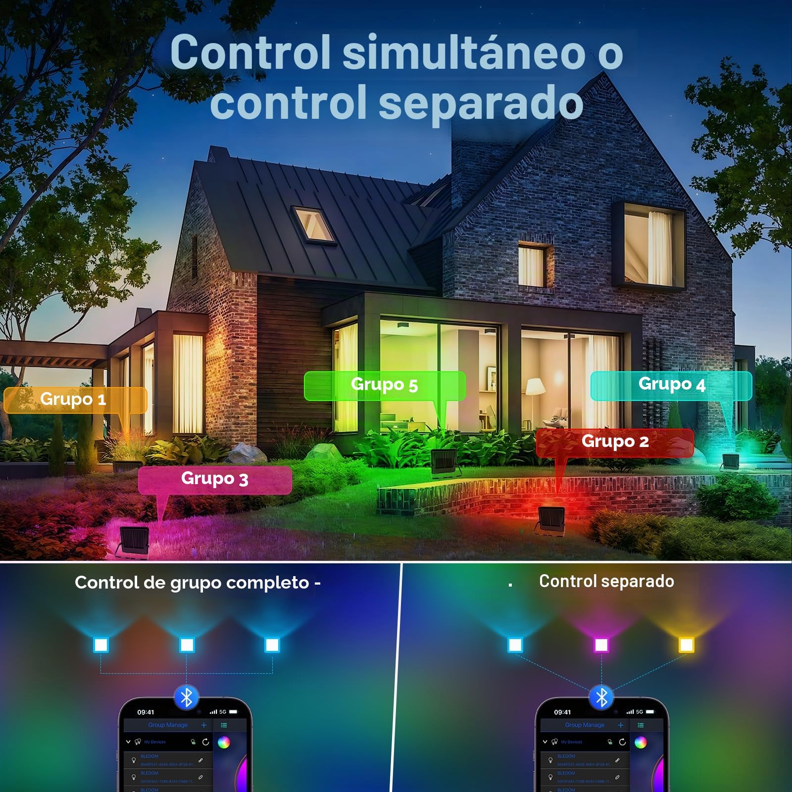 Foco LED RGB Exterior 100W, Regulable Foco LED con APP Bluetooth y Mando a Distancia 2.4G, IP66, 16 Millones de Colores DIY, Para Jardín, Fiestas, Pascua, Halloween