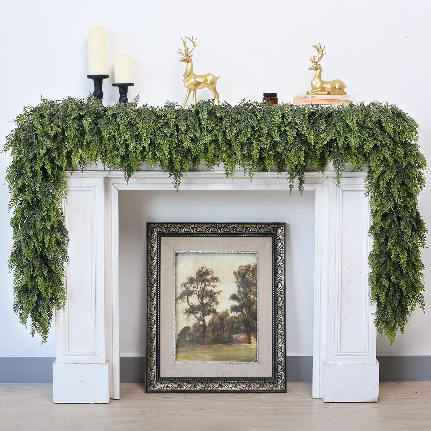 9FT Real Touch Cedar Garland for Fireplace - Artificial Christmas Garlands Realistic Faux Greenery Fake Pine Needles Garland for Holiday,Table, Window,Mantel,Stairs, Home,Indoor Outdoor Decor (1PCS) 1 9 FT