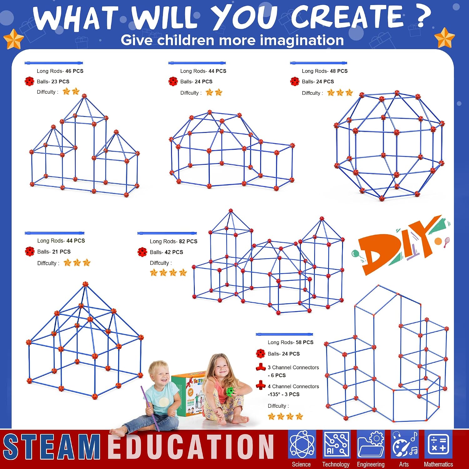 140 PCS Fort Building Kit for Kids Ages 4‑10, DIY STEM Educational Construction Fort Toy Set,Creative Kids Fort Builder Kit, Build Your Own Fort Indoor Outdoor Play Structure for Boys Girls