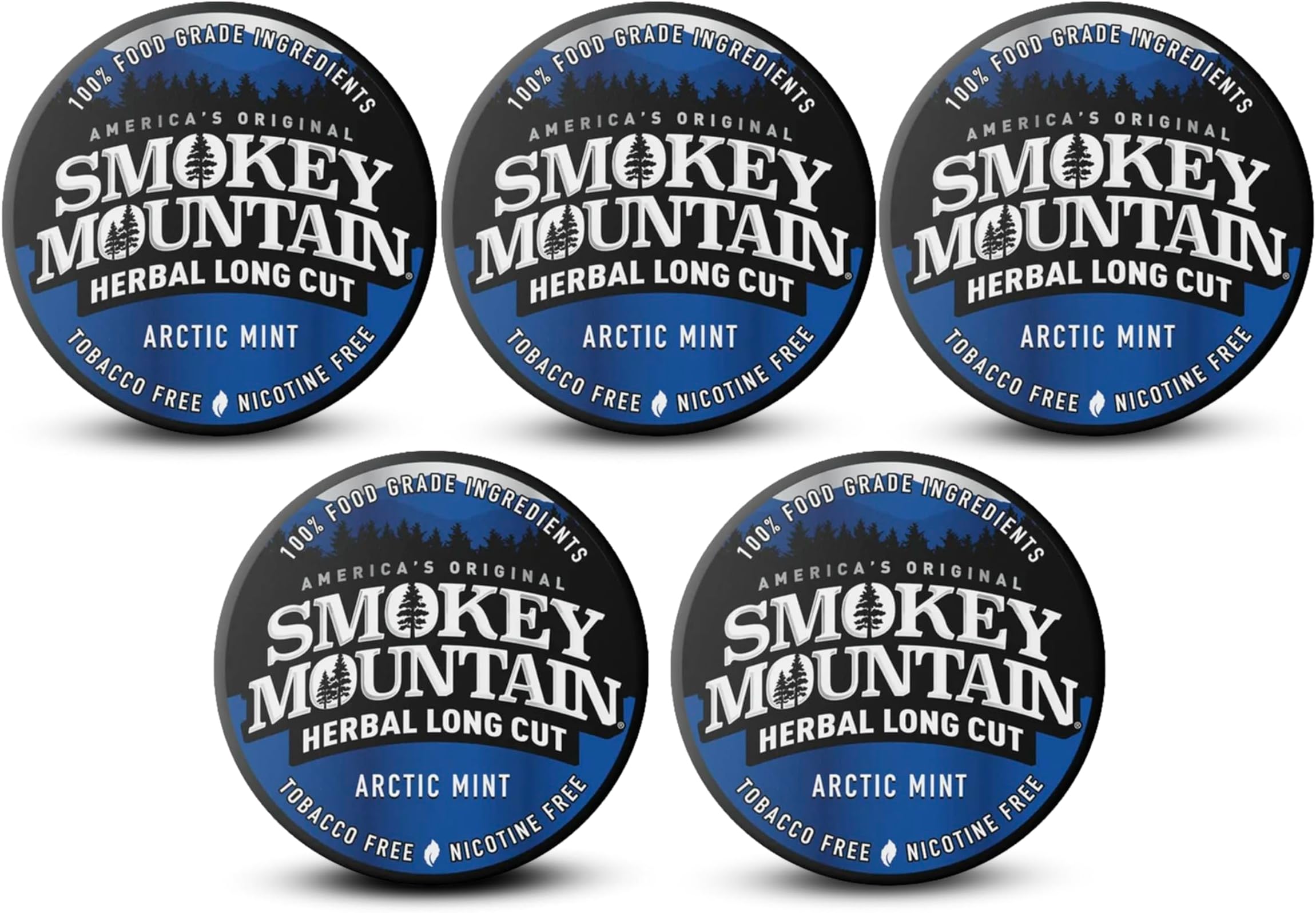 Smokey Mountain Herbal Long Cut โ Arctic Mint โ 5 Can Box - Tobacco Free and Nicotine Free Snuff