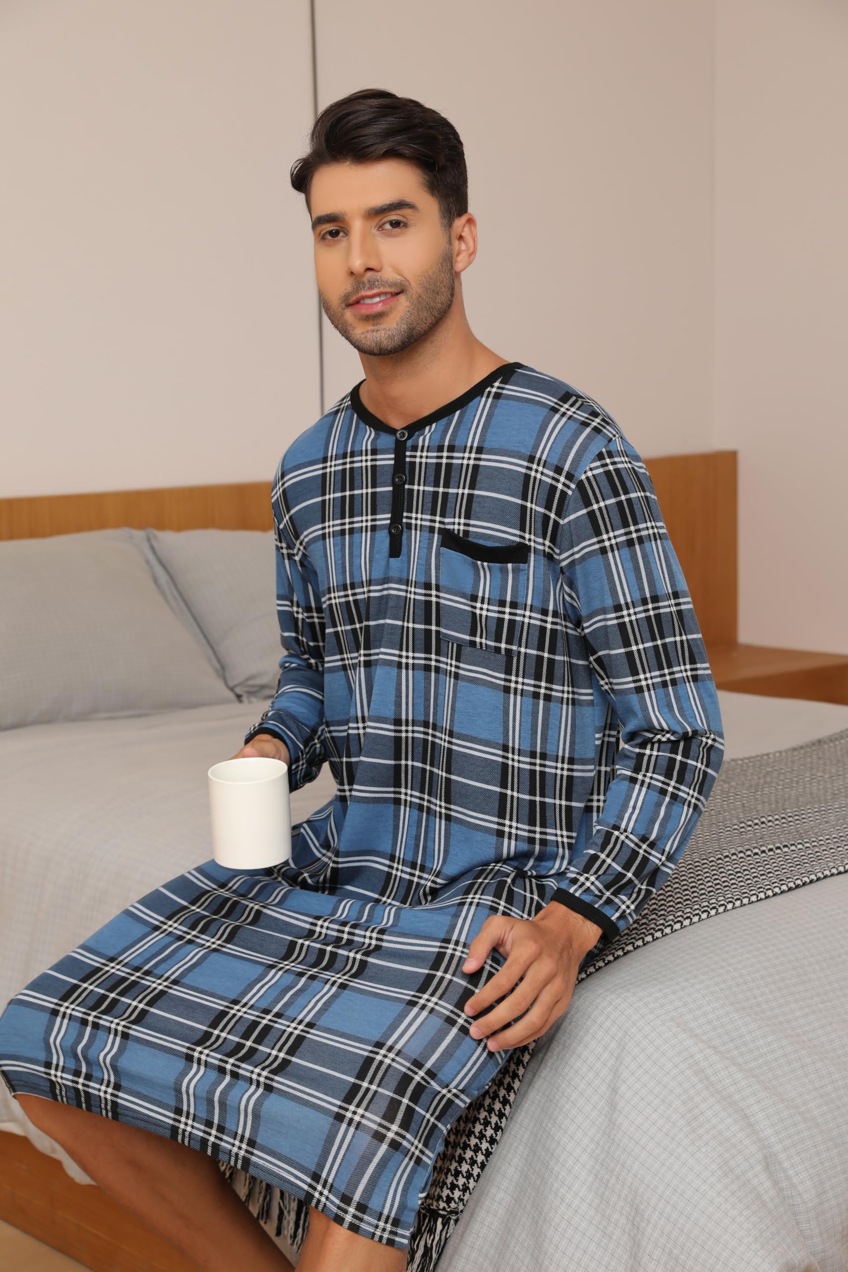 Chemise de Nuit Homme Pyjama Manches Longues Manches Courtes Hauts de Pyjama Homme Tee-Shirt Long Col Rond avec Boutons Vêtements d'Intérieur T-Shirt Grande Taille Douce Confortable