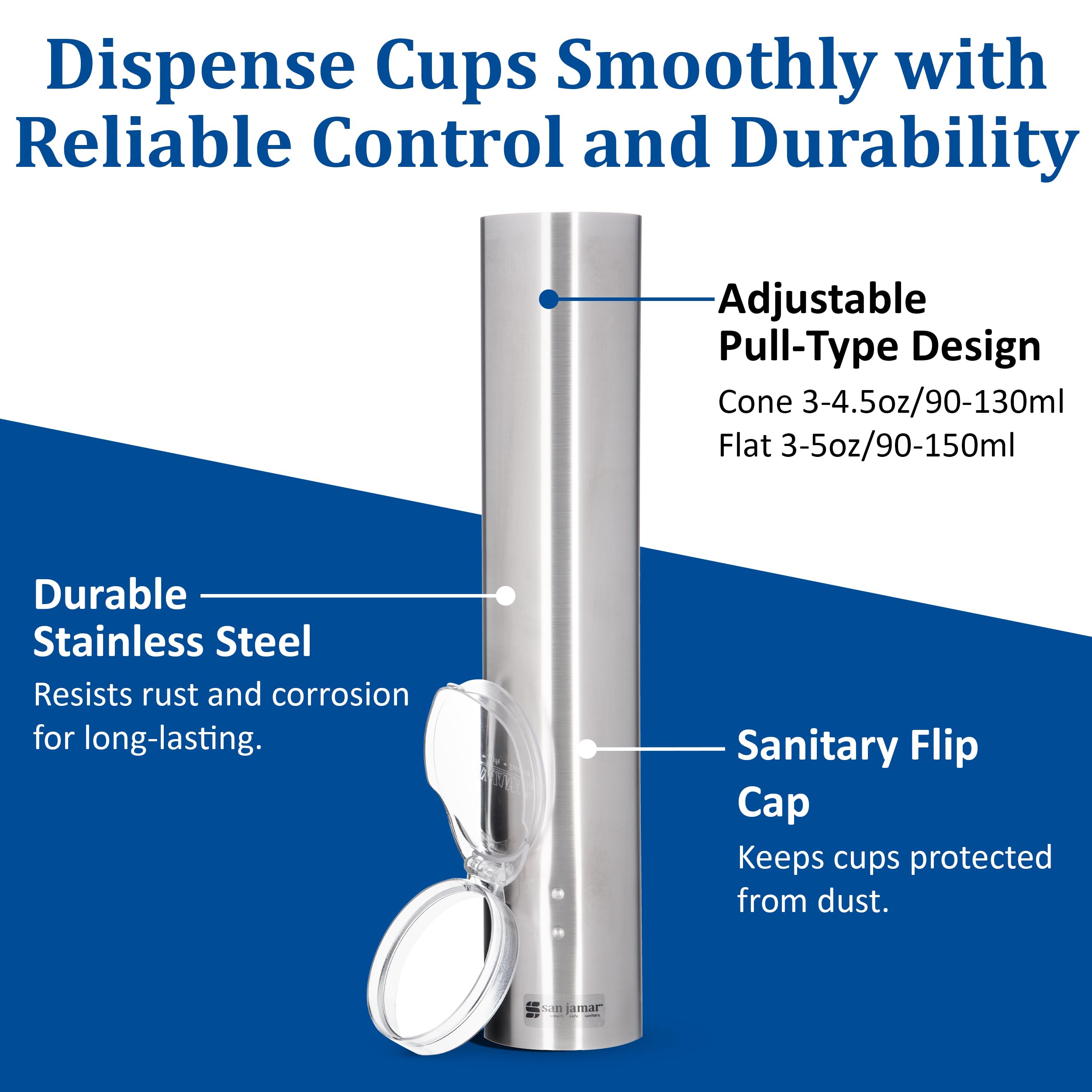 San Jamar c4150ss Acero Inoxidable Pequeño pull-type Dispensador de vasos de agua con tapa de plástico, 90 – Cono de 130 ml ml Tamaño De La Taza planas, 90 – 150 ml de tamaño (carcasa de 12) (12 unidades)