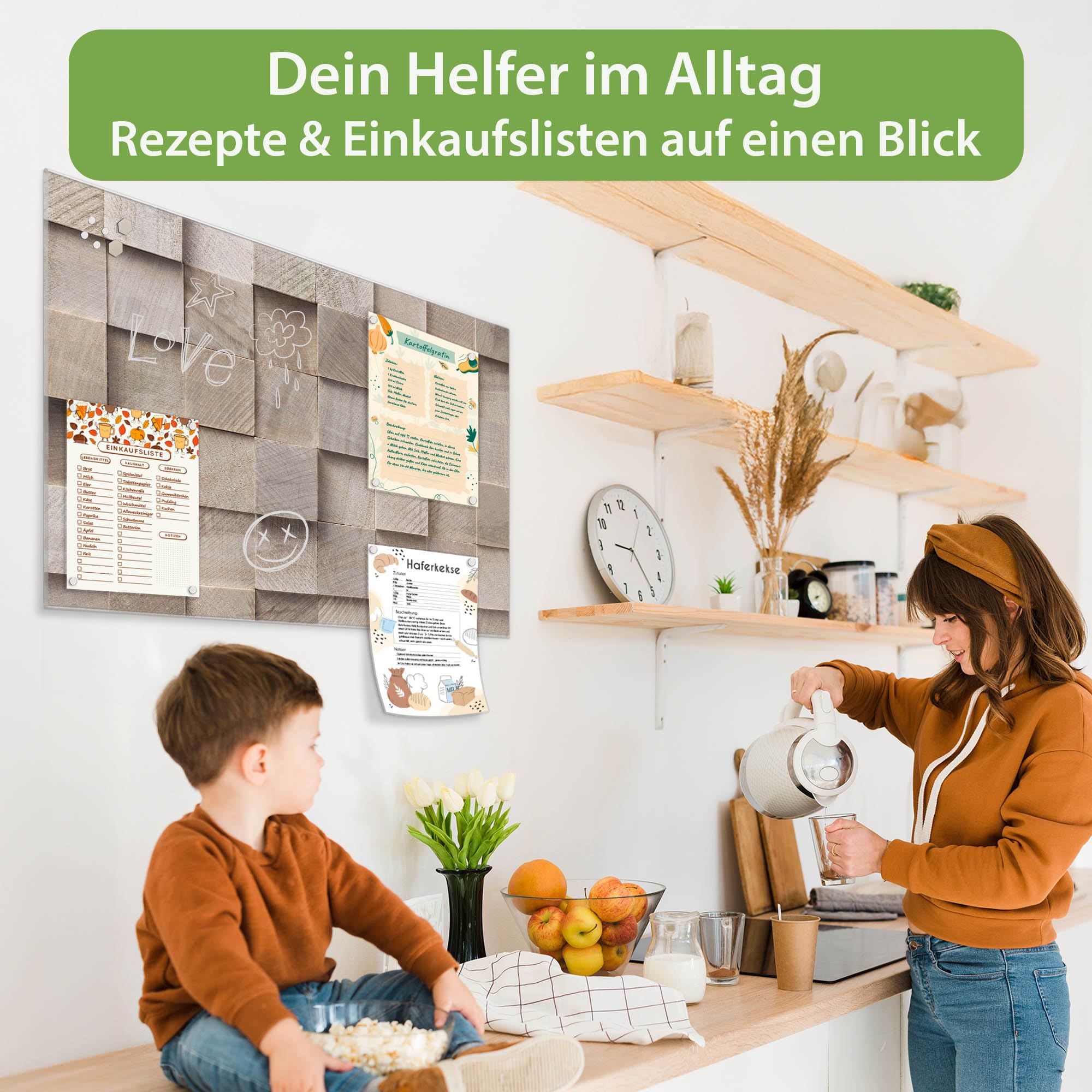 banjado Glas-Magnettafel in 45x30cm für Notizen in Holzoptik | Magnetisches Glasboard für Notizen und Fotos, mit Motiv Bauklötze Relief in warmer Holzoptik