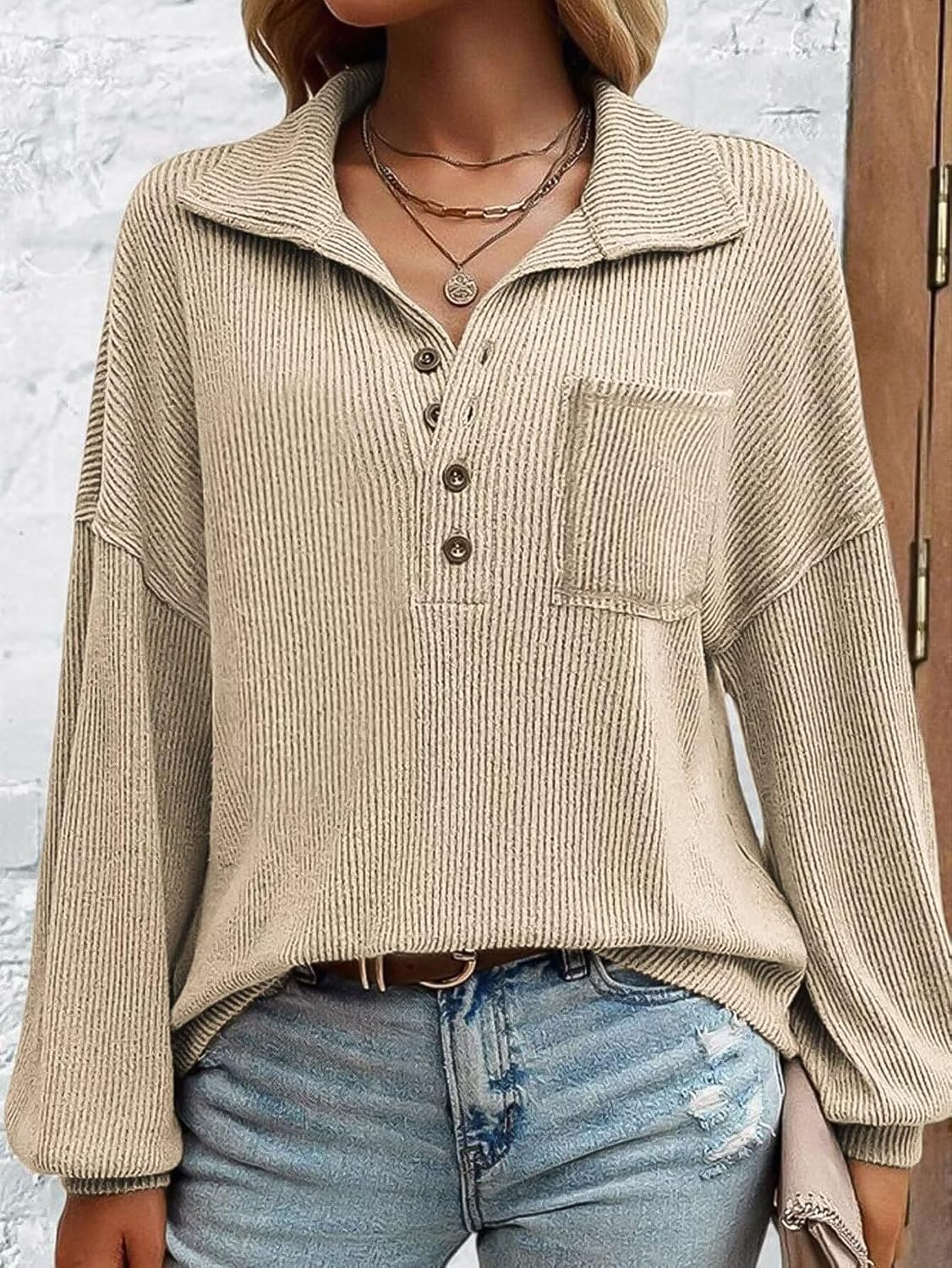 Flamingals Cinched Waist Tops for Women V Neck Long Sleeve Space Dye Button Front Casual Knit Shirts Tops Fall Fashion - Image 4