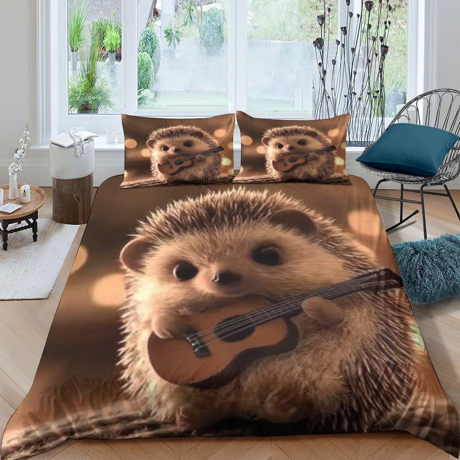 Ctjqhvkz Style-1 3D Printed Hedgehog Guitar Fitted Sheet Microfiber Soft Brown Animal Bed Sheet For Bedroom Dorm Mattress Protection Decor Single（135X200cm）