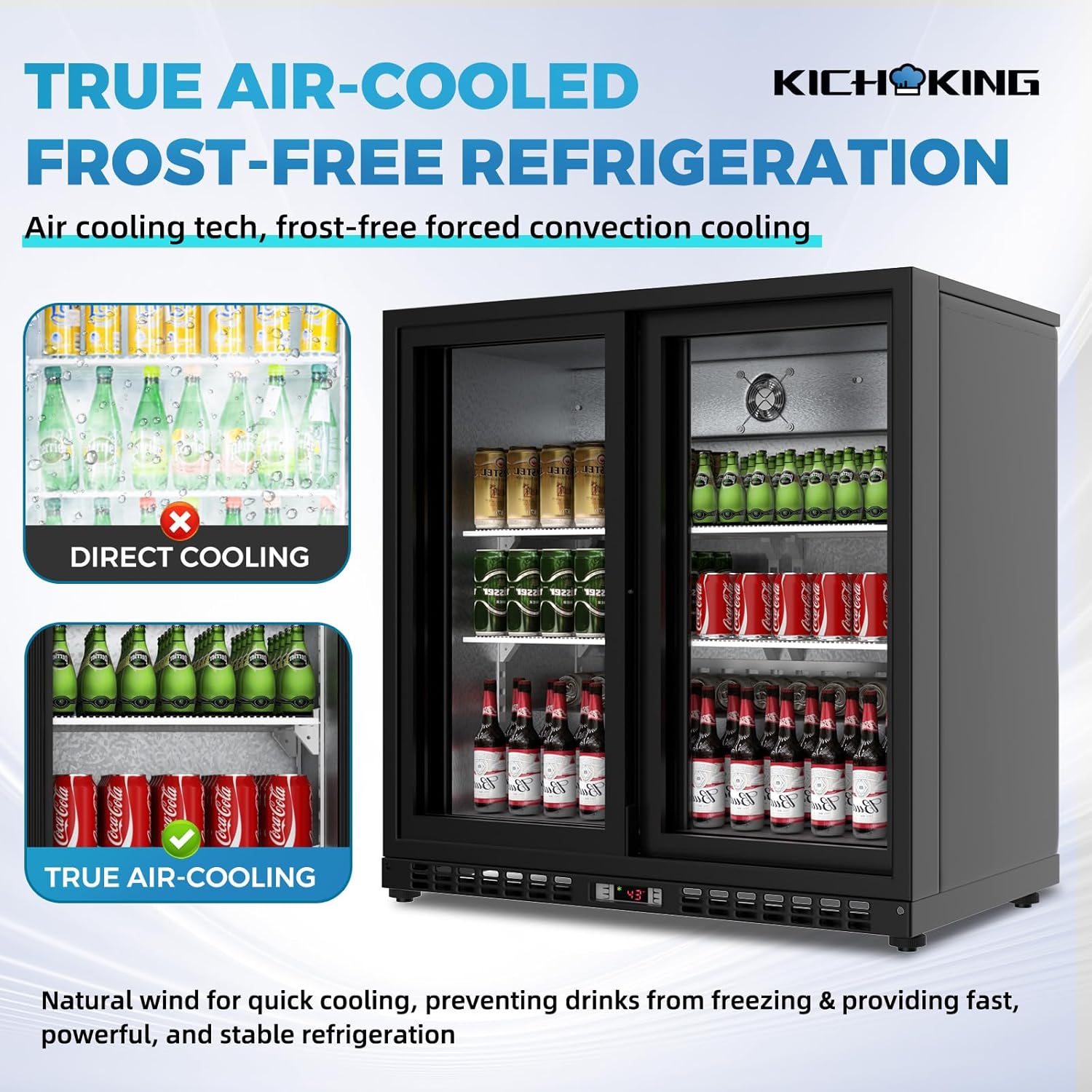 KICHKING 7.4 Cu.Ft Back Bar Cooler 35.4"W Beverage Refrigerator, 2 Low-E Glass Sliding Doors, Counter Height Bar Fridge, Commercial Display Refrigerator Anti-Fog, LED Light for Beer, Wine, Soft Drinks
