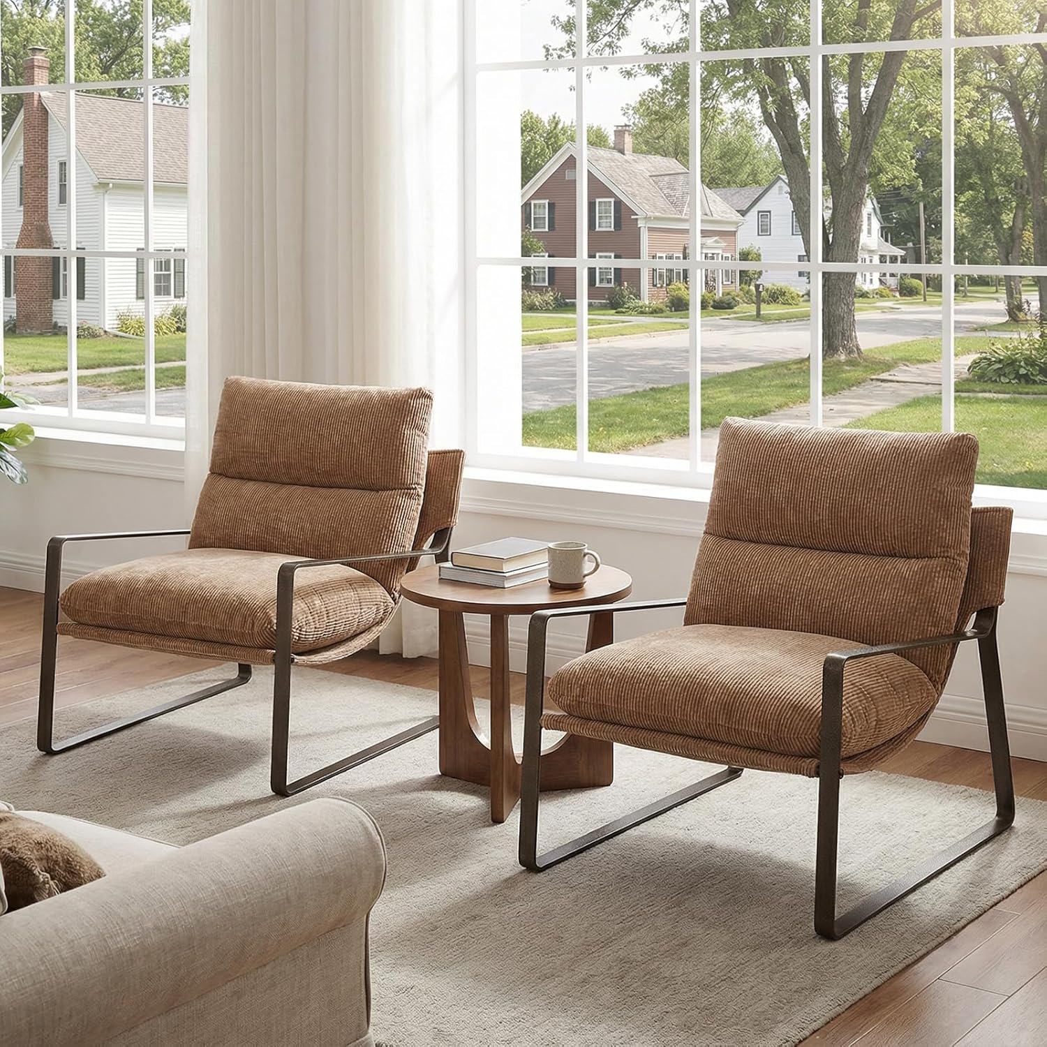 LukeAlon Modern Chenille Accent Armchair, Upholstered Lounge Chair with Brass Metal Frame Thickened Cushion Single Sofa Chair Comfy Leisure Side Chair with Armrest for Bedroom Living Room, Khaki