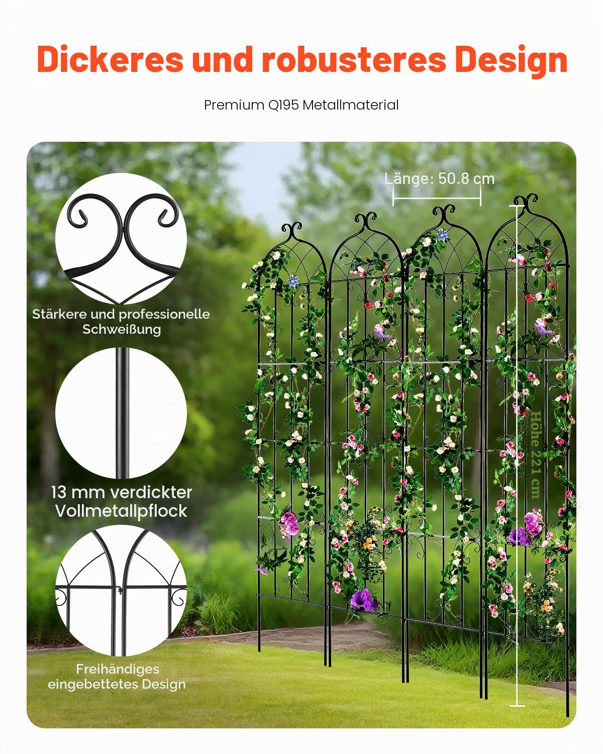 VEVOR Rankhilfe für Kletterpflanzen, 51x220 cm, 4er-Set rostfreies Metallspalier für Gartenblumen, Kletterrosen-Spalier, Rankgitter, Gurkenstütze, dekoratives Clematis-Spalier für Innenhöfe & Rasen