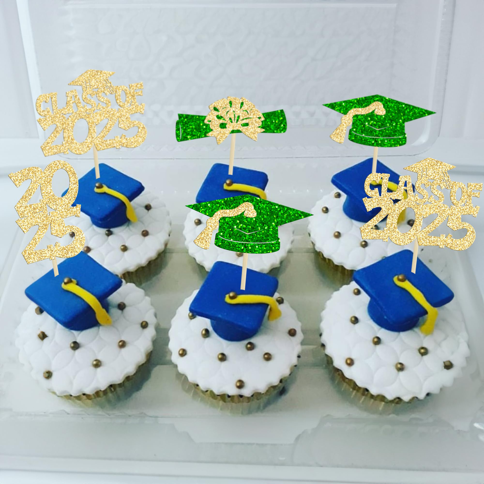 Ephlyn 36Pcs 2026 Graduation Theme Cupcake Toppers Glitter Class of 2026 Congrats Grad Diploma Graduation Cap Cupcake Picks for 2026 Graduation Theme Party Cake Decorations Supplies Gold Green - Image 4