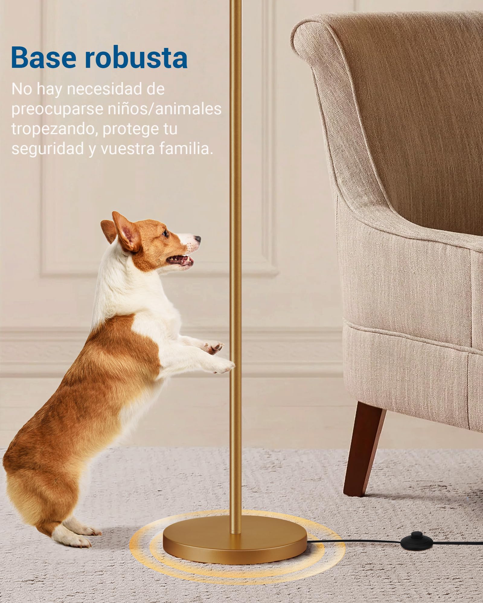 EDISHINE Lámpara de Pie Arco 161cm Pantalla de Lino Beige E27 con Bombilla LED Ajustable Dorado