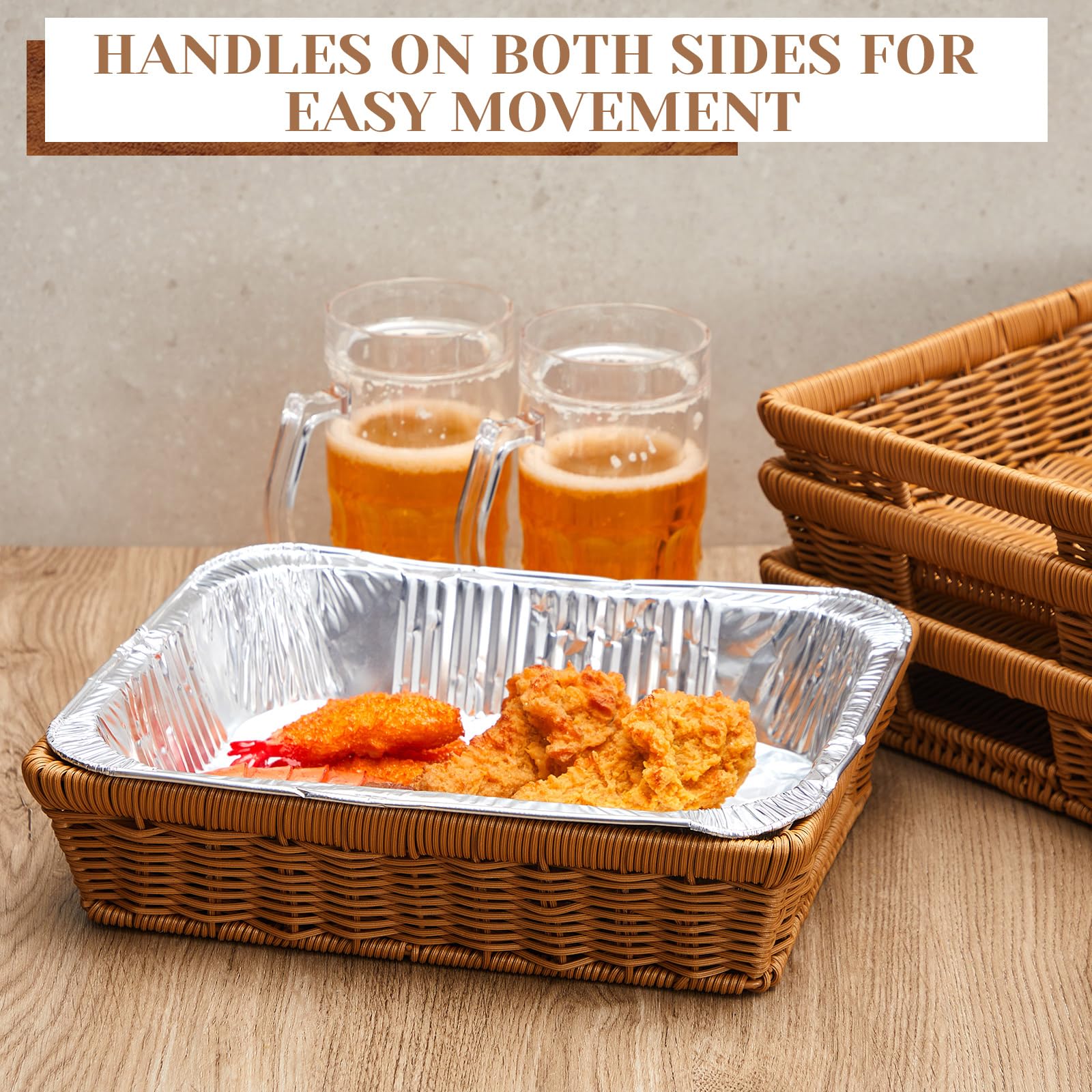 Marsui 4 soportes de papel de aluminio para bandejas desechables de 9 x 13 pulgadas, cesta de ratán, cesta de servir tejida de mimbre para contenedores de alimentos, suministros de fiesta y catering