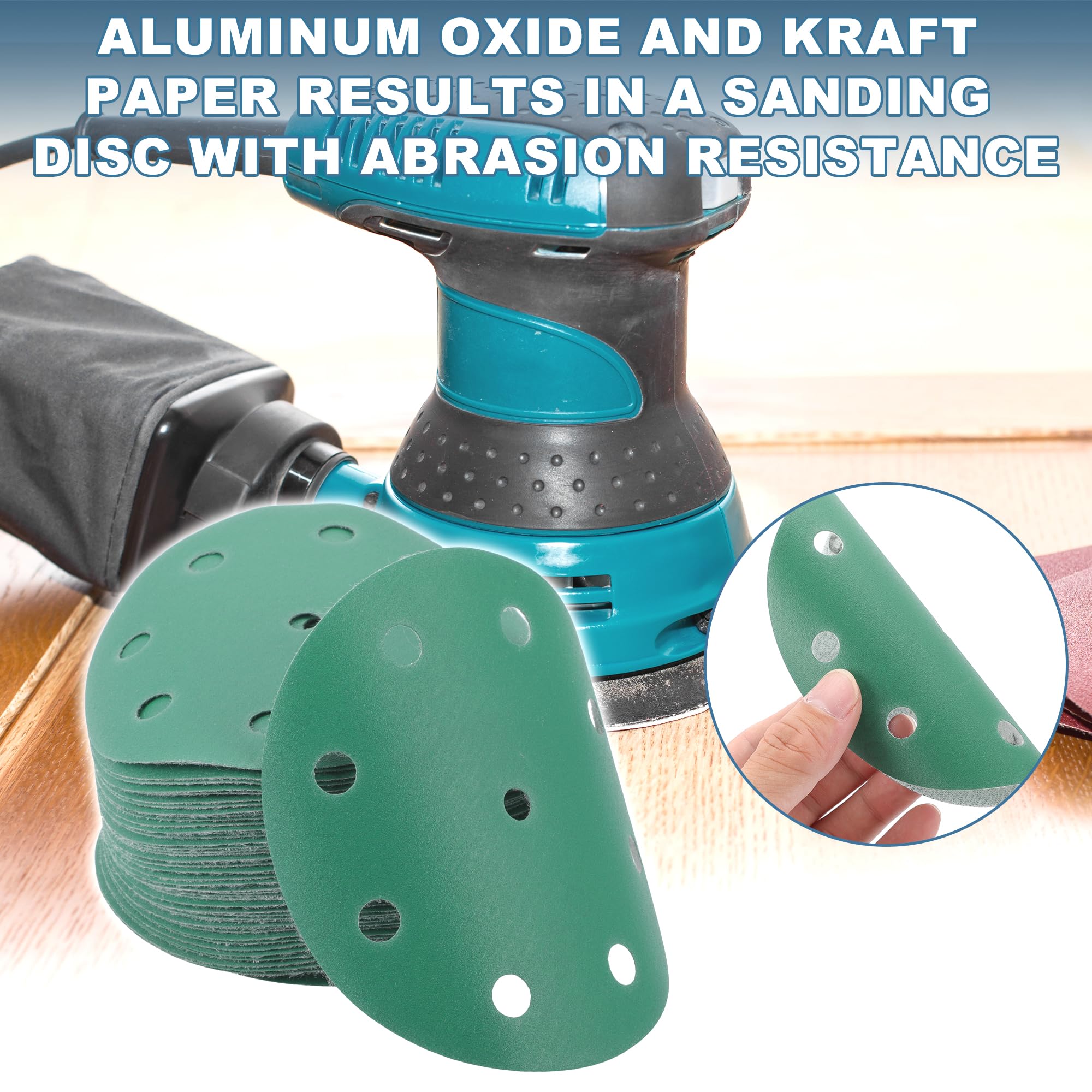 A ABSOPRO Sanding Discs 5 Inch 9 Hole 320 Grit Round Hook and Loop Sandpaper Aluminum Oxide Green 50pcs, 5" - Image 2