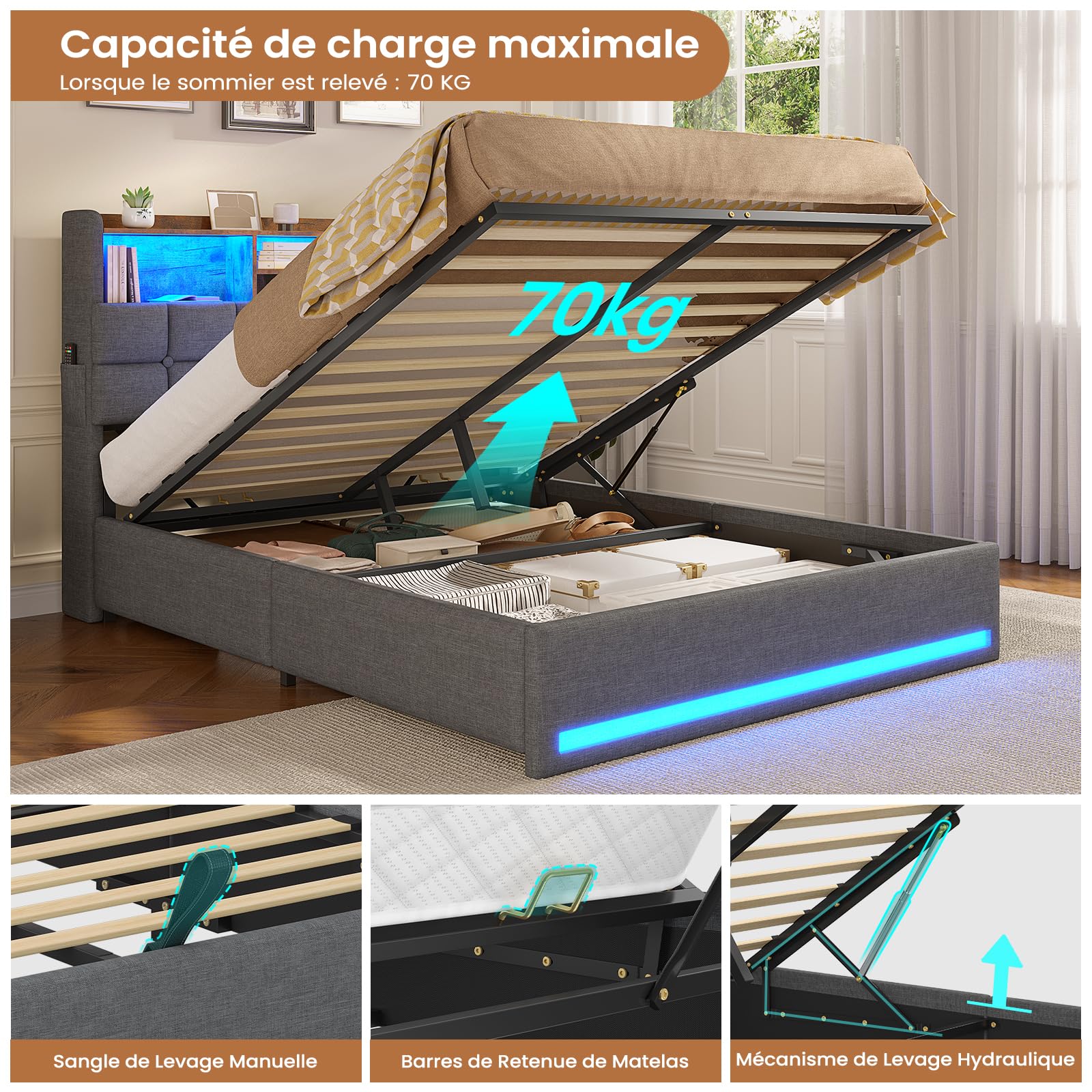 AOGLLATI Lit Coffre 140x190, Lit 140x190 avec Sommier à Lattes en Bois Capitonné avec Multiprise et Ruban LED, 5 Compartiments et Rangement sous Sommier, sans Matelas, Lin Gris Foncé