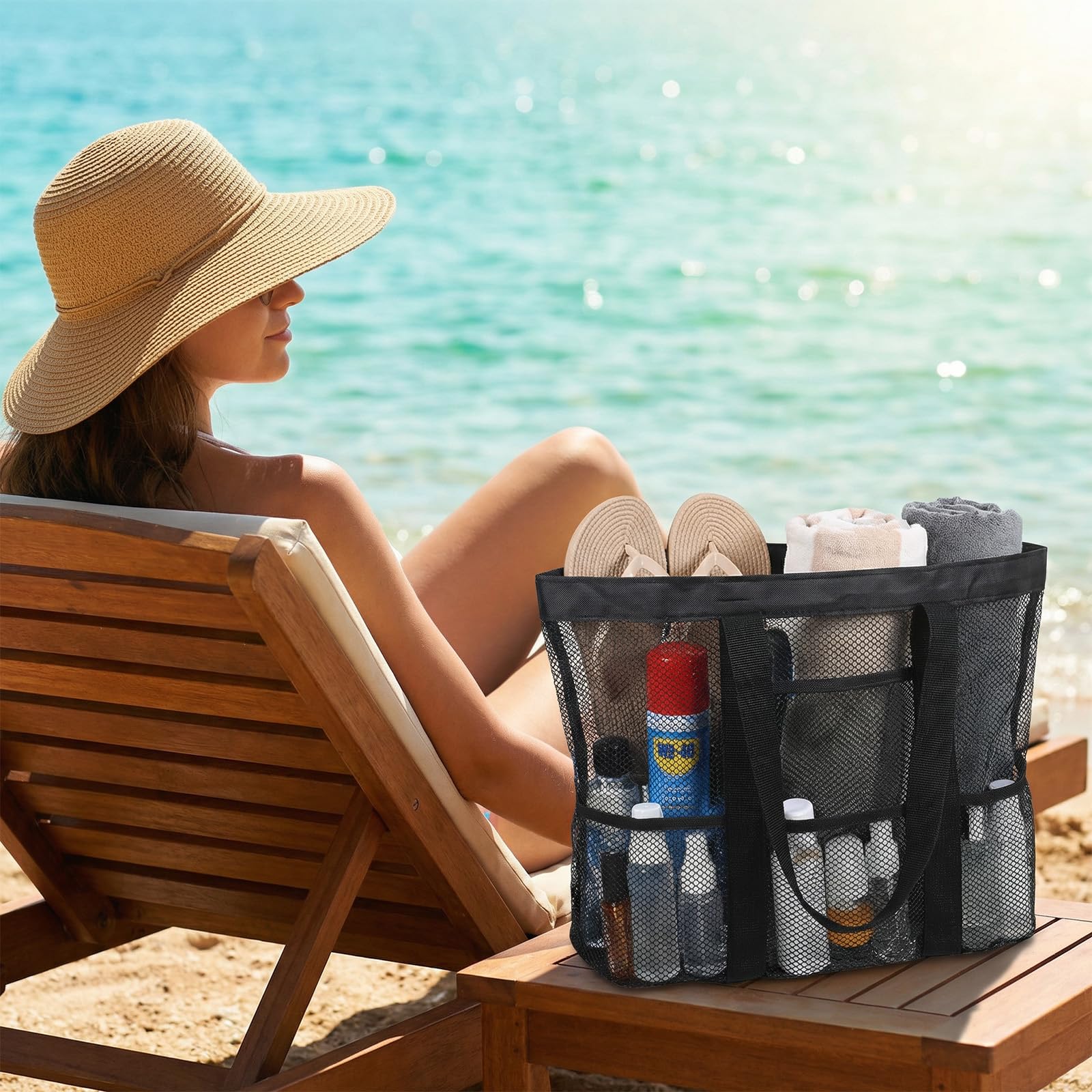 1 torba plażowa z siatki dla kobiet, torba plażowa z kieszenią na plażę, urlop, basen, do studia fitness, torba na zakupy wielokrotnego użytku (czarna, 33 x 33 cm)
