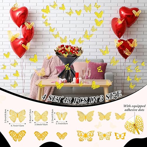 Miniatura 7 de Hanaive El juego de ramilletes de boda incluye 100 ramilletes de boda, 48 piezas de decoración de pared de mariposa dorada 3D, 12 hojas de papel de