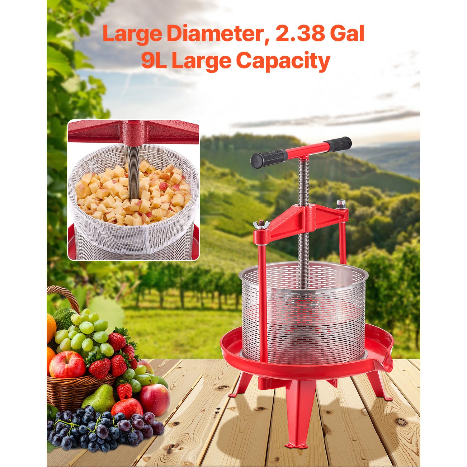 Happybuy 2.38 Gal/9L Fruit Wine Press, Stainless Steel Basket with Cross-beam & Triangular Structure, Manual Cider Apple Grape Juice Maker with T-Handle for Home Kitchen Use