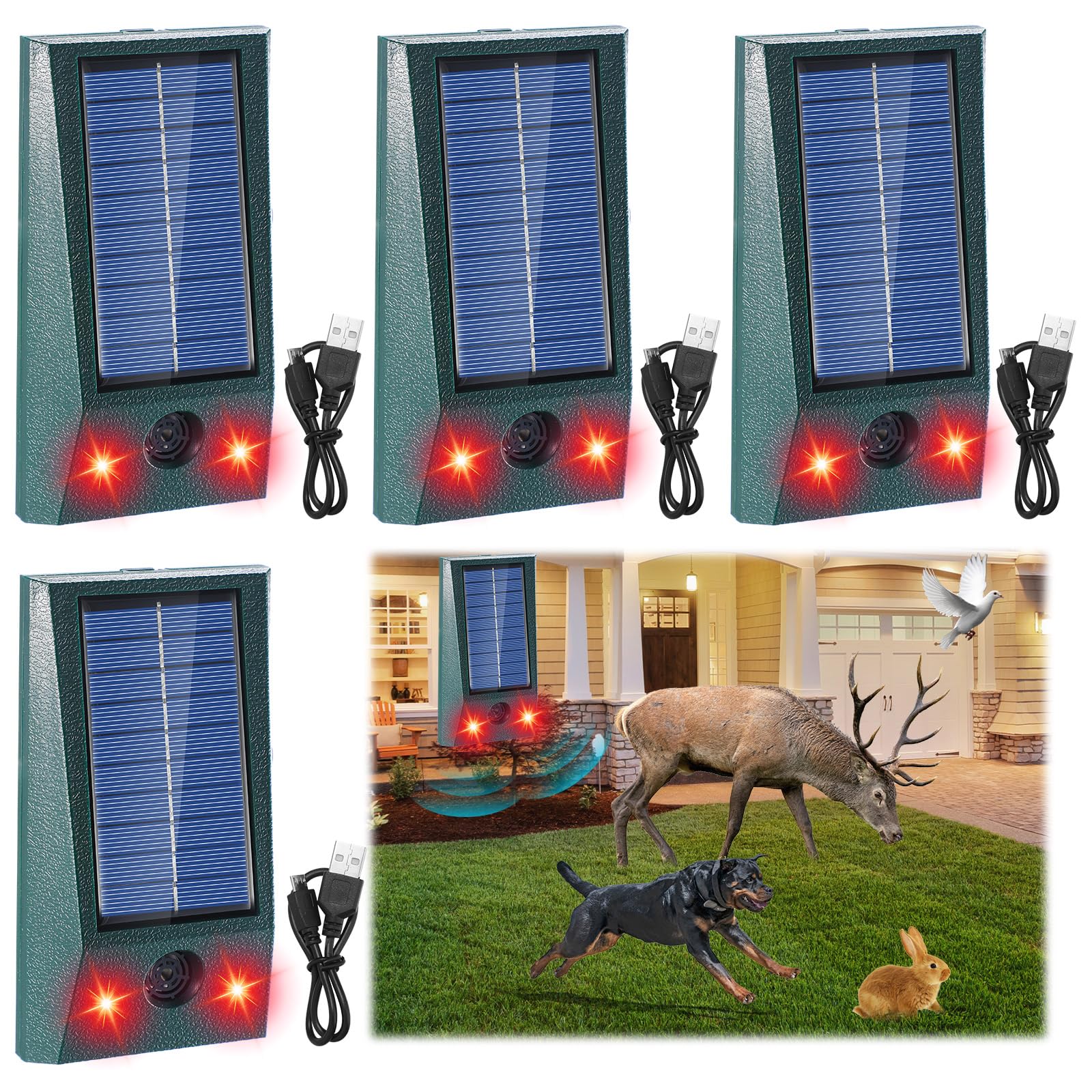 Qualirey 4 unidades de repelentes solares ultrasónicos de animales para exteriores, dispositivos repelentes de ratones con luz estroboscópica intermitente, impermeable, repelente solar de animales