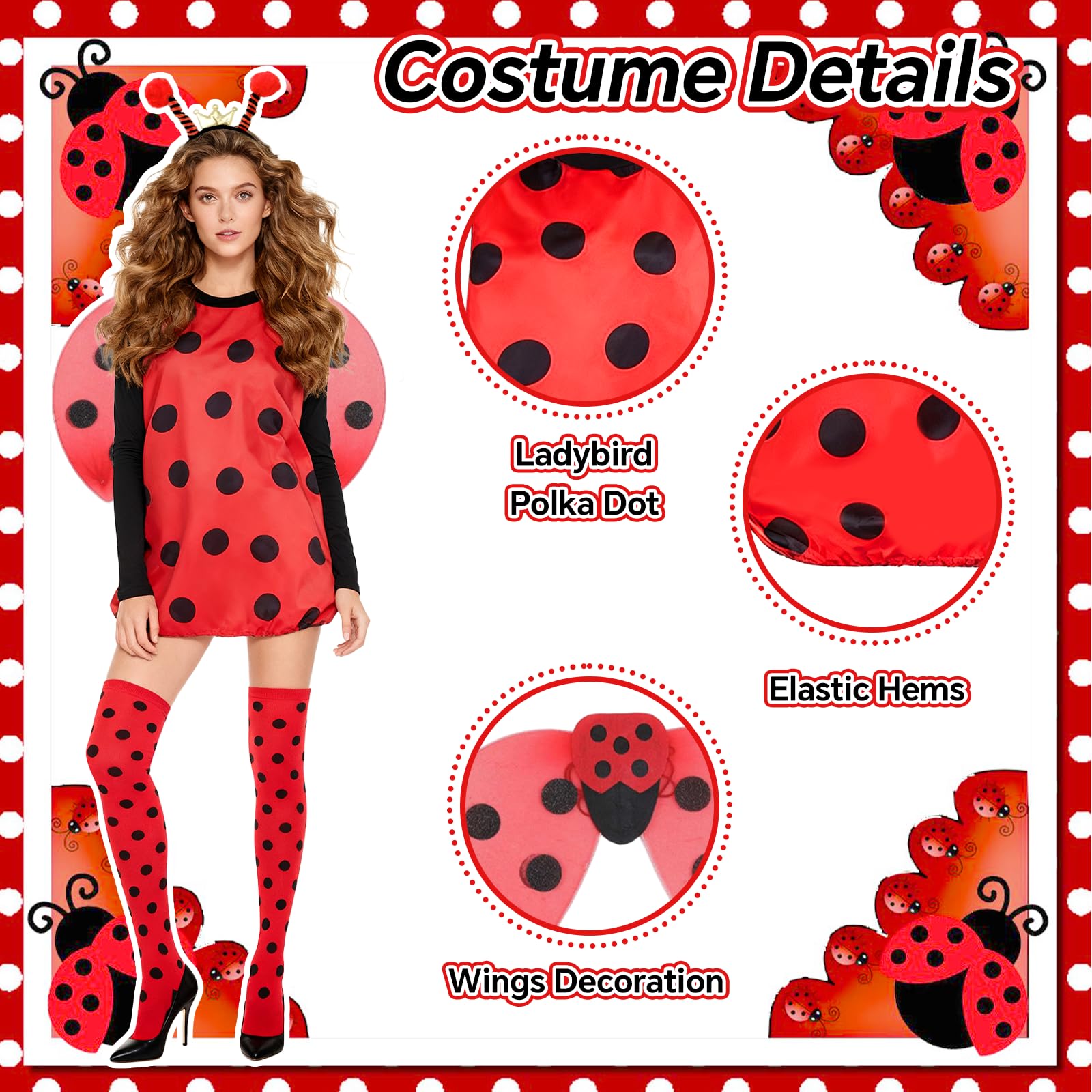 Xerteam Ladybird Costume Women, Lady Bug Wings Dresses Antennae Headband Arm Warmers Over-knee Socks - Image 3