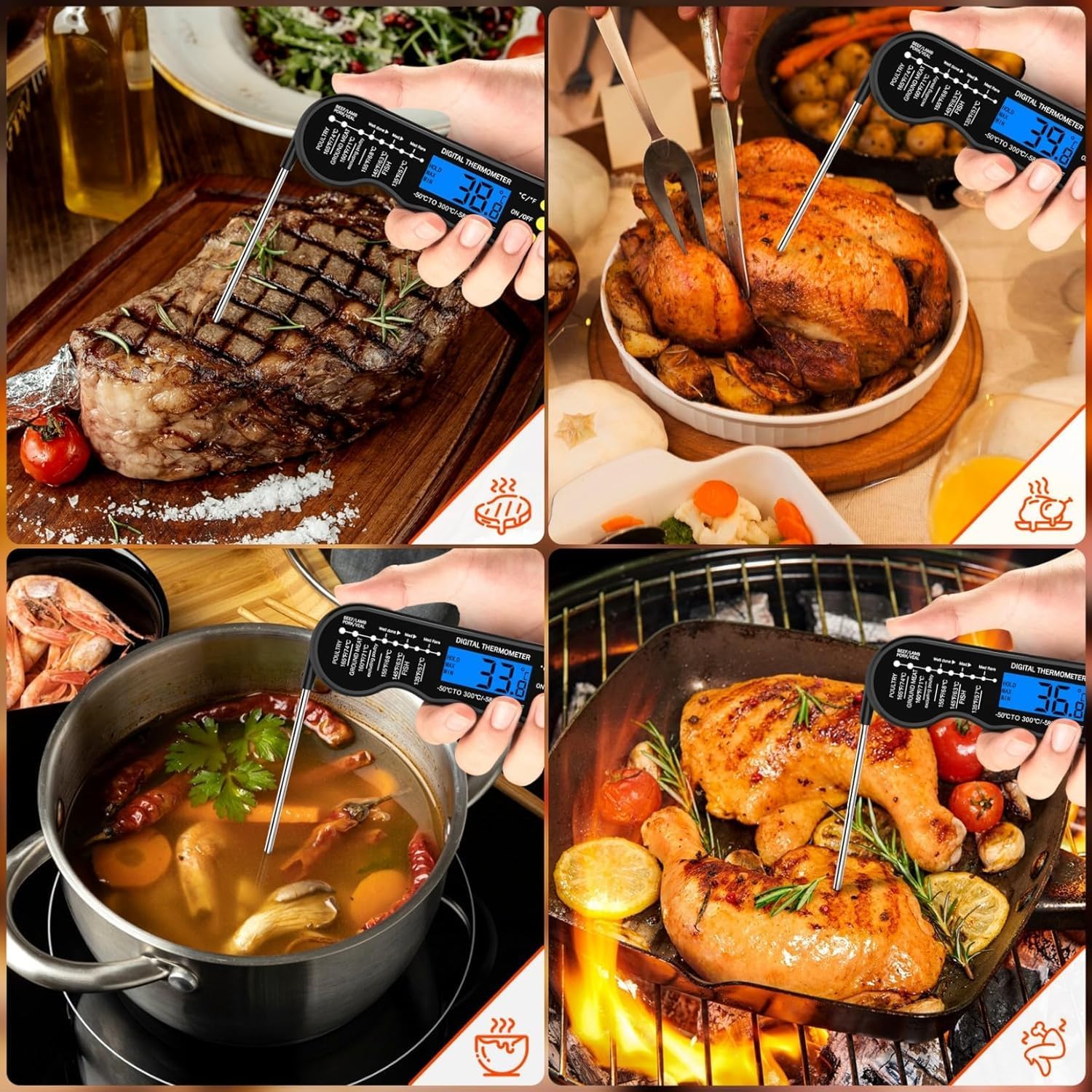 TRAUSI Termometro per carne a lettura istantanea, termometro digitale per alimenti veloce e accurato, con retroilluminazione, impermeabile e magnetico, per grigliare, cucinare, barbecue, affumicare